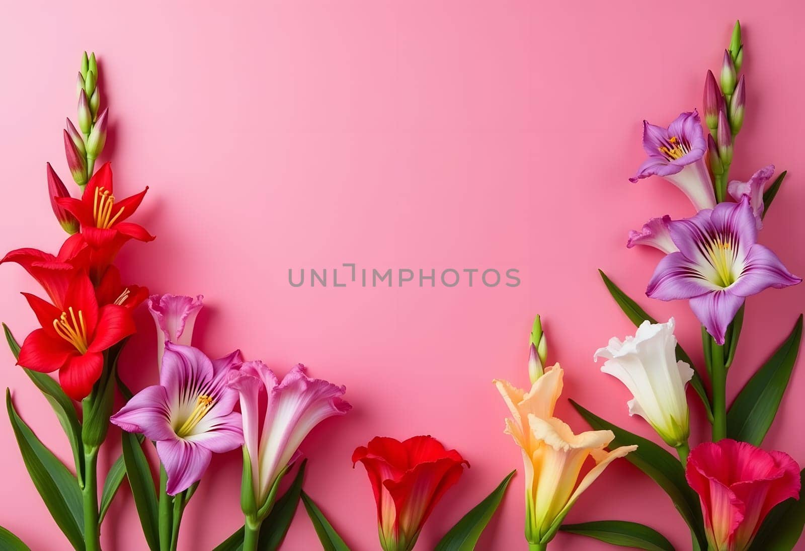 A soft pink background elegantly framed by a lush arrangement of deep red gladiolus flowers along the lower edge. The striking contrast between the delicate pink and bold crimson creates a dramatic yet sophisticated composition, perfect for romantic invitations, luxury branding, or high-end floral designs. The vertical blooms add graceful height and visual interest