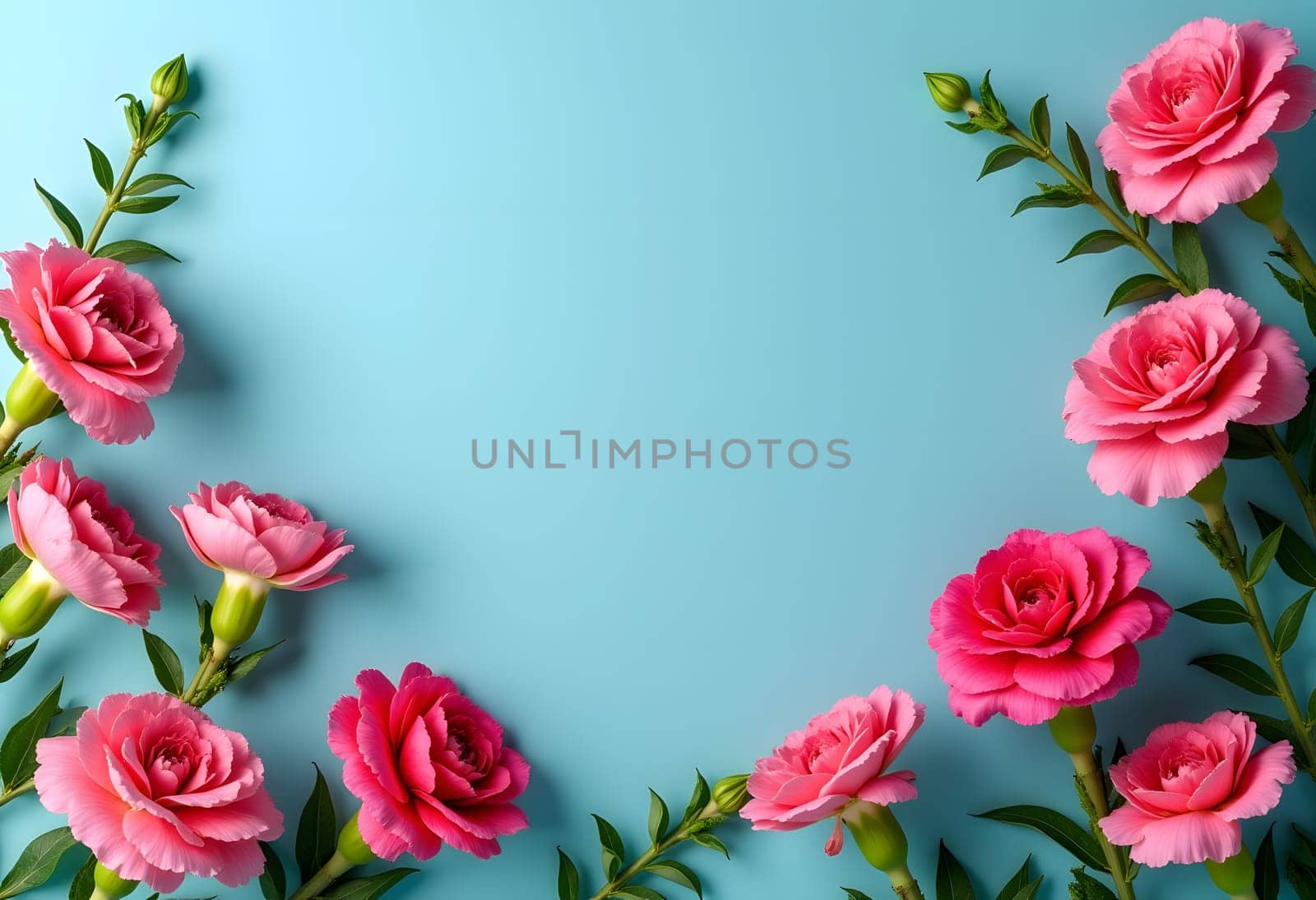 A stunning composition featuring a rich blue background beautifully framed by delicate pink roses. The contrast between the vibrant blue and soft pink creates a romantic and elegant atmosphere, perfect for wedding invitations, floral designs, or decorative backdrops. This high-quality image is ideal for creative projects, branding, and digital or print media