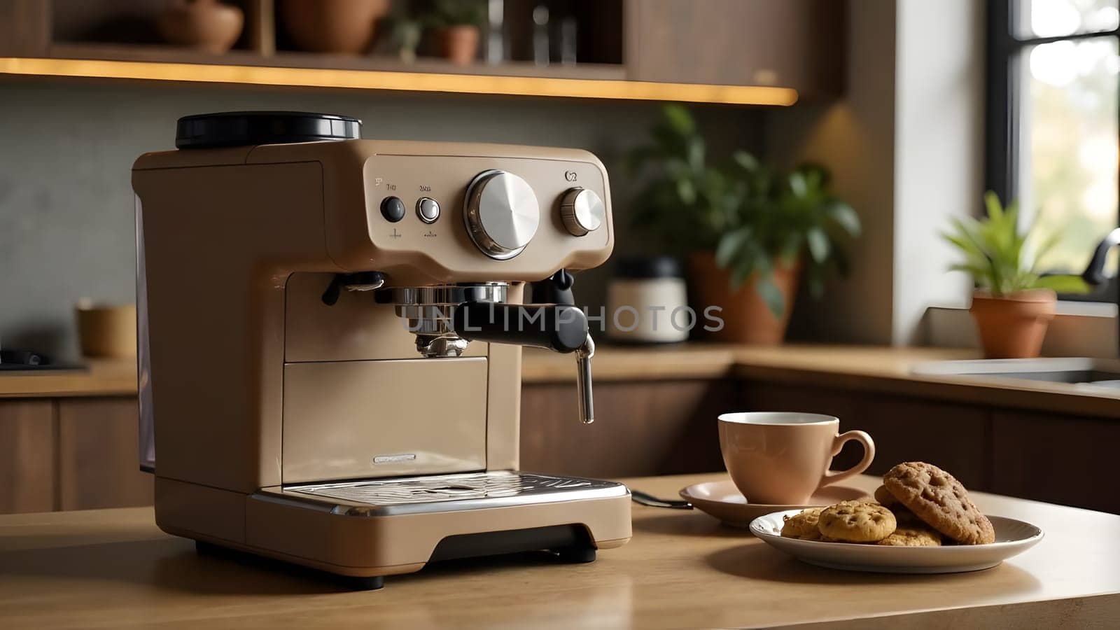 Office coffee setup with a machine, mugs, and warm Mocha details