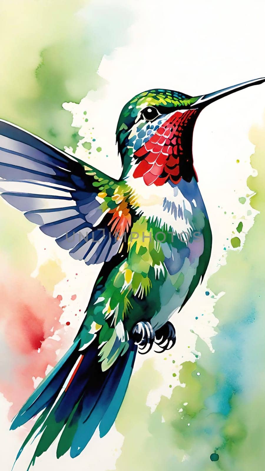 Beautiful hummingbird flying with vivid colors, shimmering feathers, and a blurred green backdrop