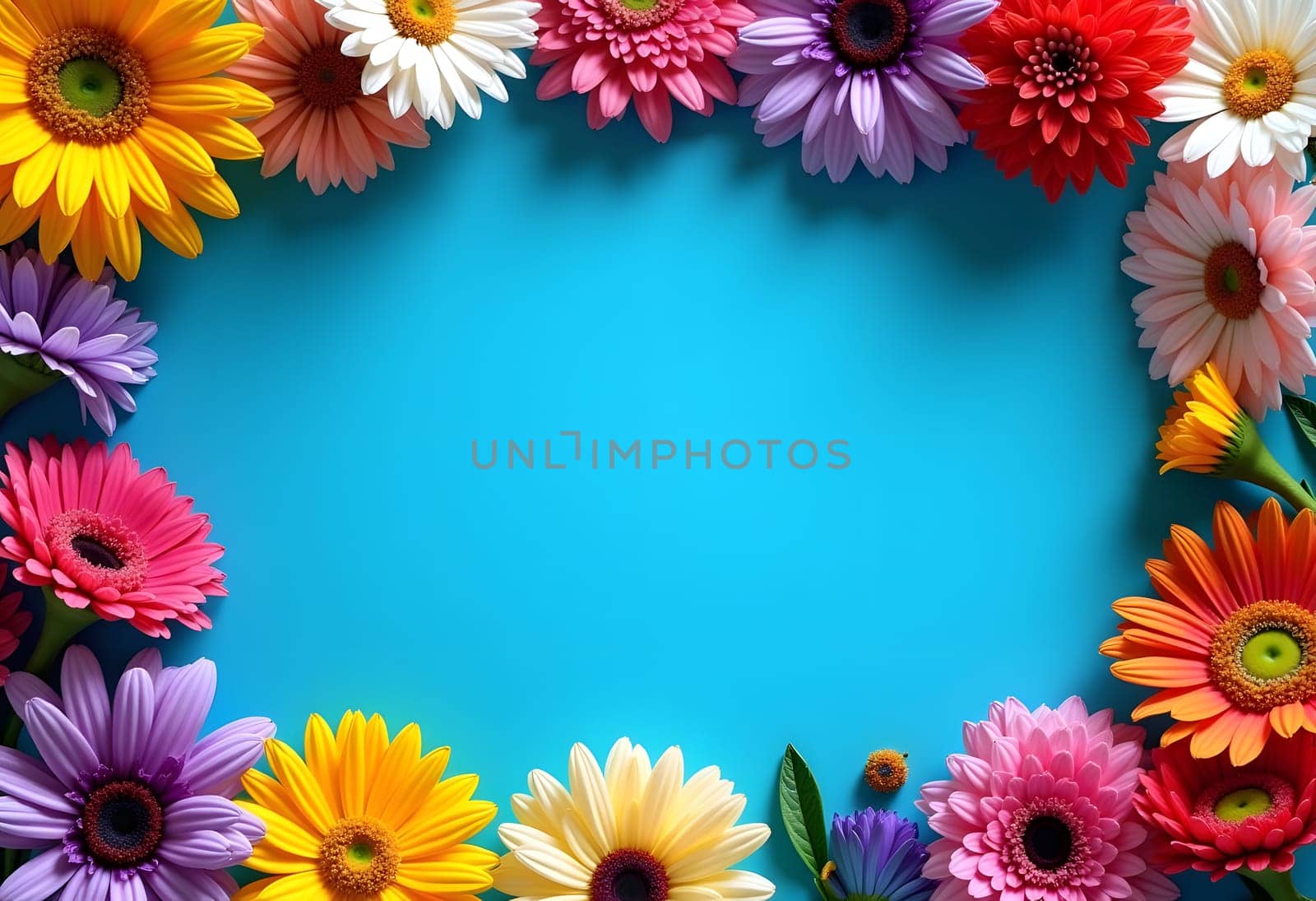 A striking electric blue background encircled by a cheerful border of bright, multicolored gerbera-like blooms. This bold floral composition bursts with energy and joy, perfect for summer designs, party invitations, or uplifting branding projects. The dramatic contrast between the vivid blue and rainbow flowers creates eye-catching visual impact
