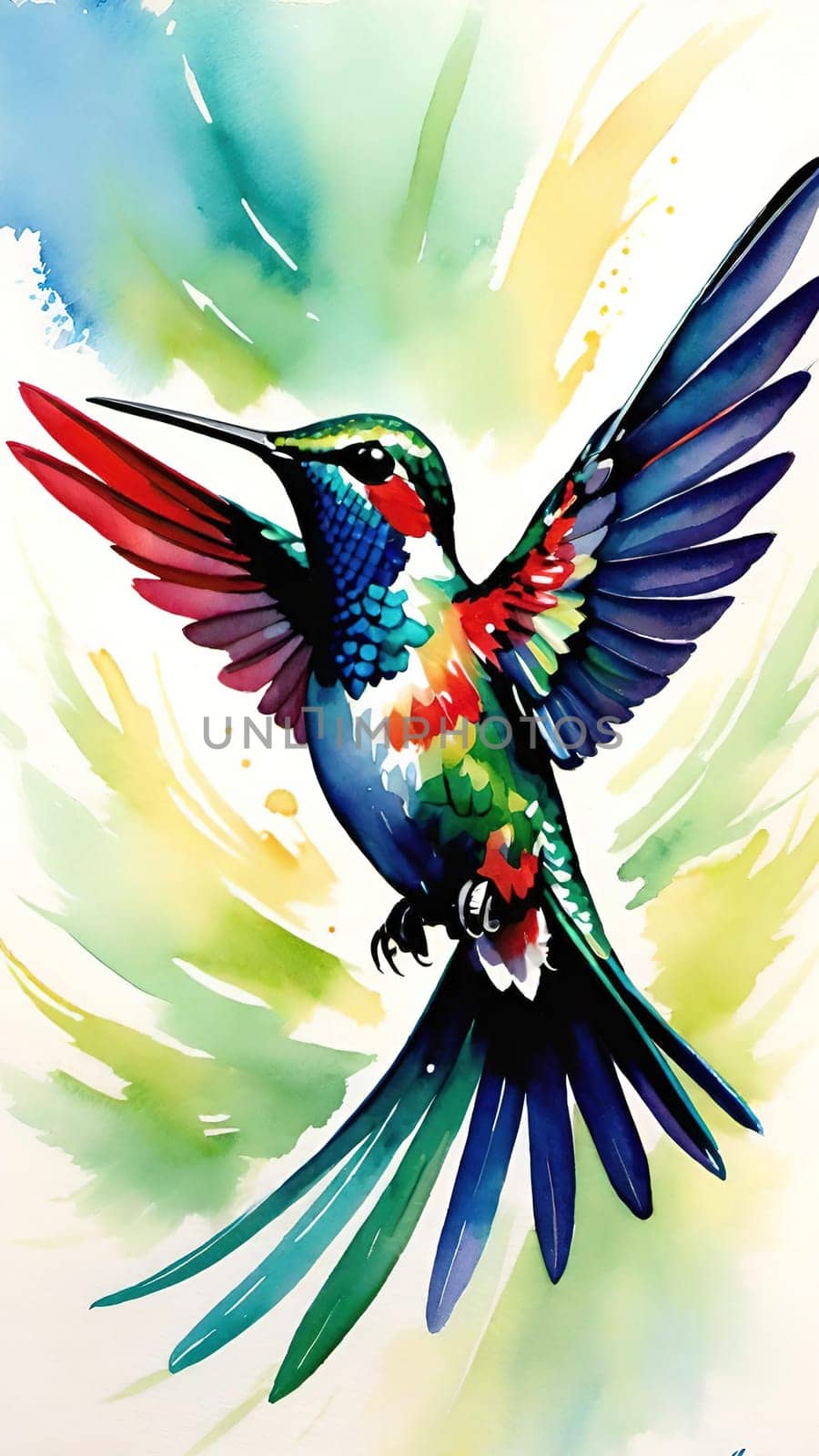 Beautiful hummingbird flying with vivid colors, shimmering feathers, and a blurred green backdrop