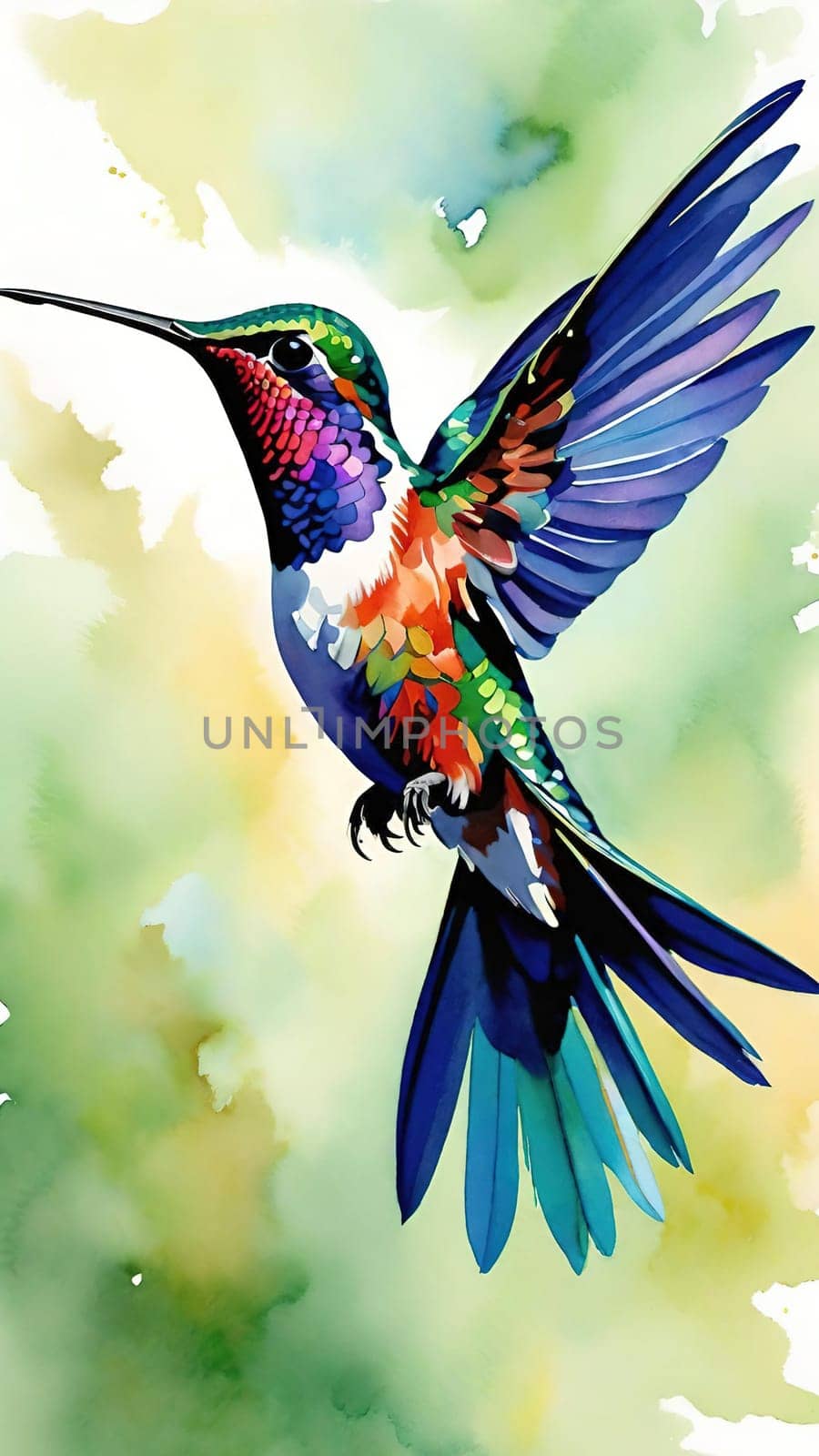 Beautiful hummingbird flying with vivid colors, shimmering feathers, and a blurred green backdrop