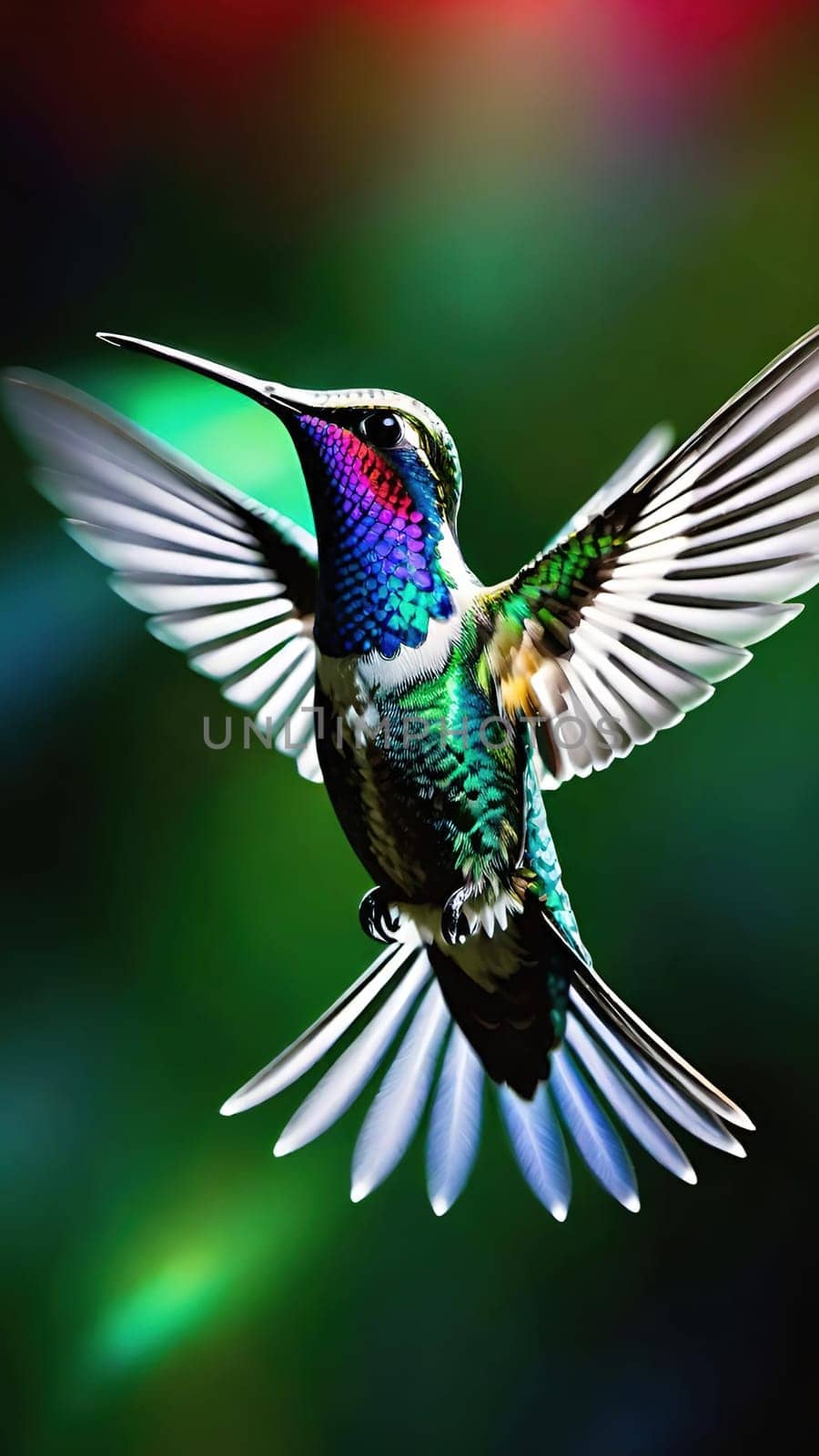 Beautiful hummingbird flying with vivid colors, shimmering feathers, and a blurred green backdrop