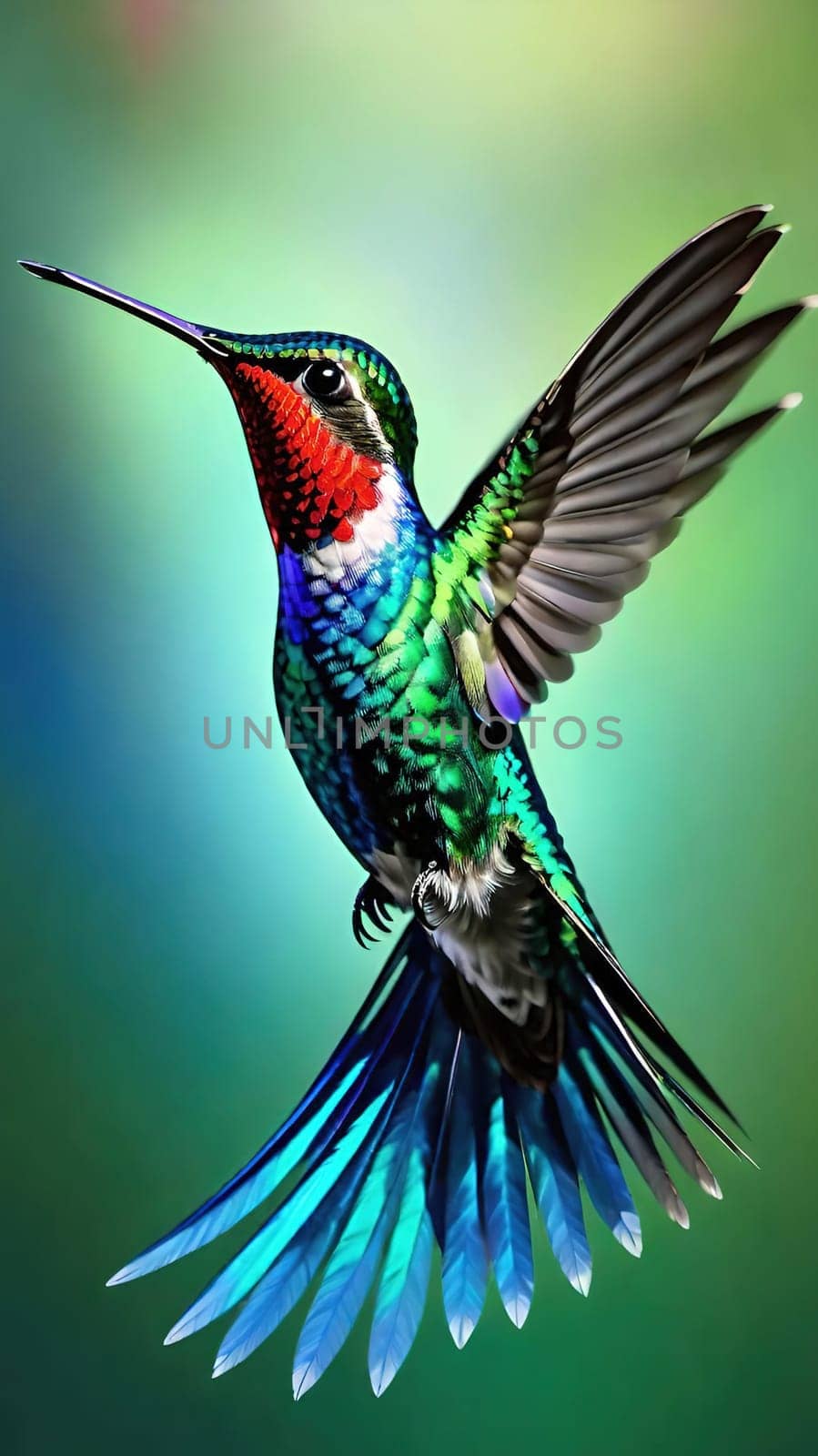 Beautiful hummingbird flying with vivid colors, shimmering feathers, and a blurred green backdrop