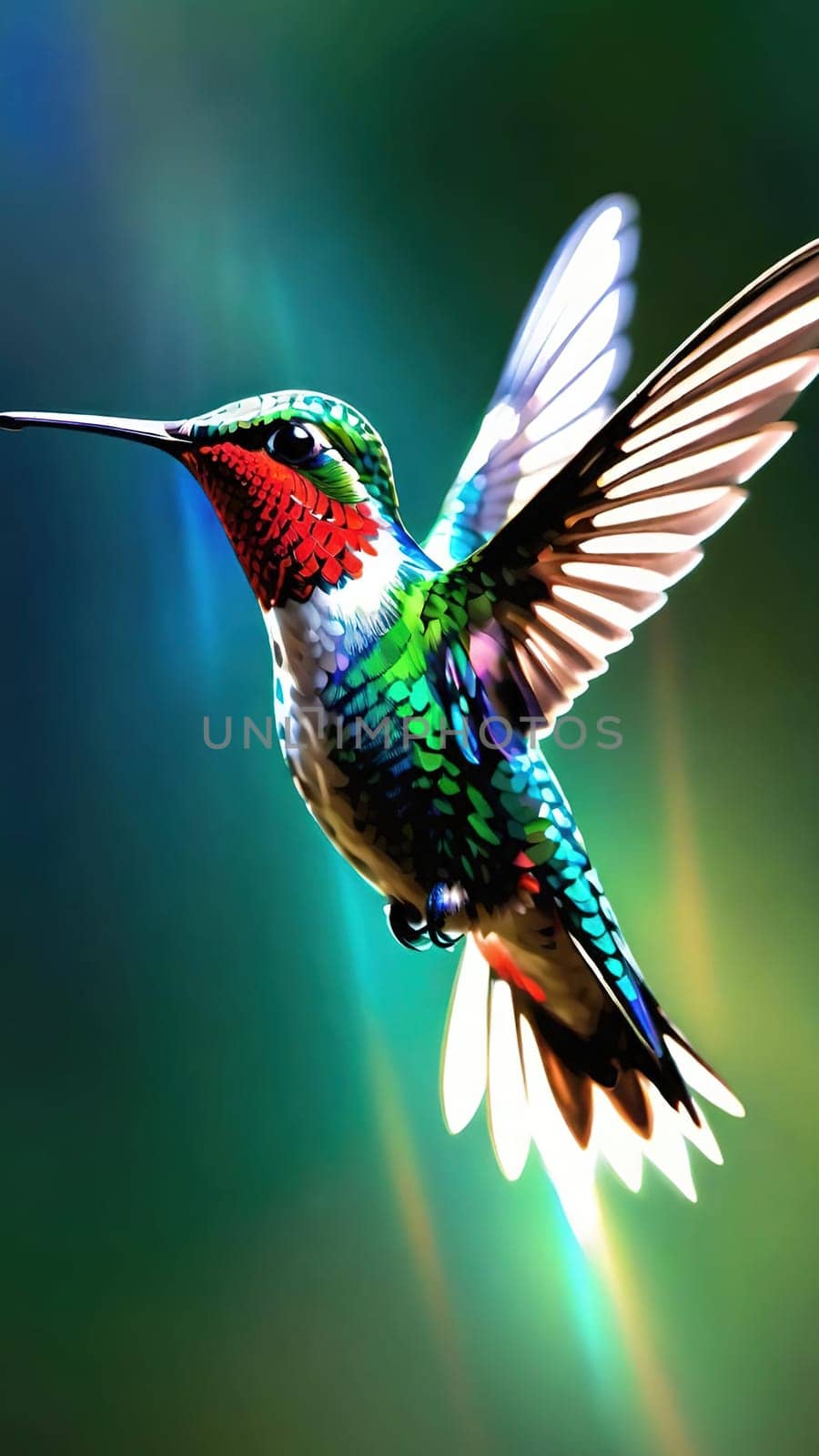 Beautiful hummingbird flying with vivid colors, shimmering feathers, and a blurred green backdrop