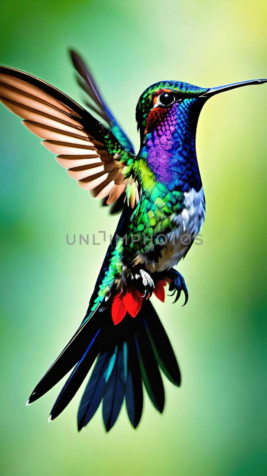 Beautiful hummingbird flying with vivid colors, shimmering feathers, and a blurred green backdrop