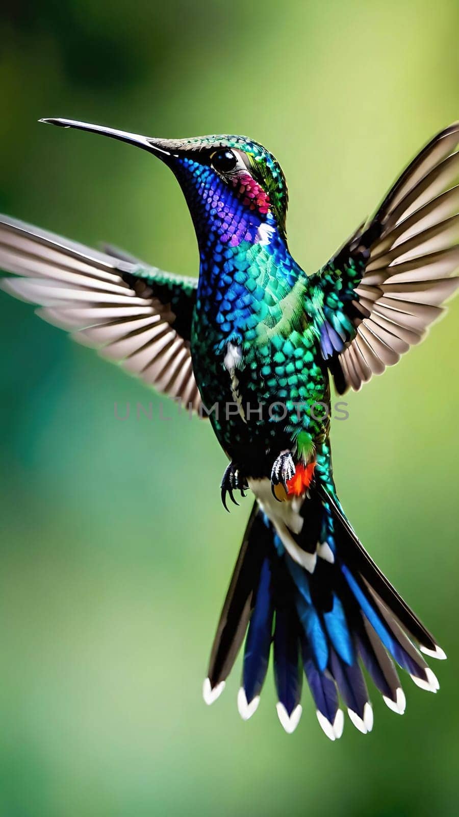 Beautiful hummingbird flying with vivid colors, shimmering feathers, and a blurred green backdrop