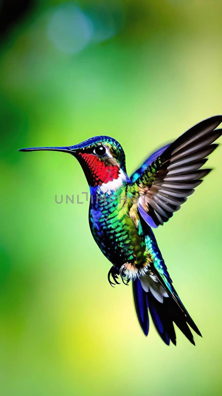 Beautiful hummingbird flying with vivid colors, shimmering feathers, and a blurred green backdrop