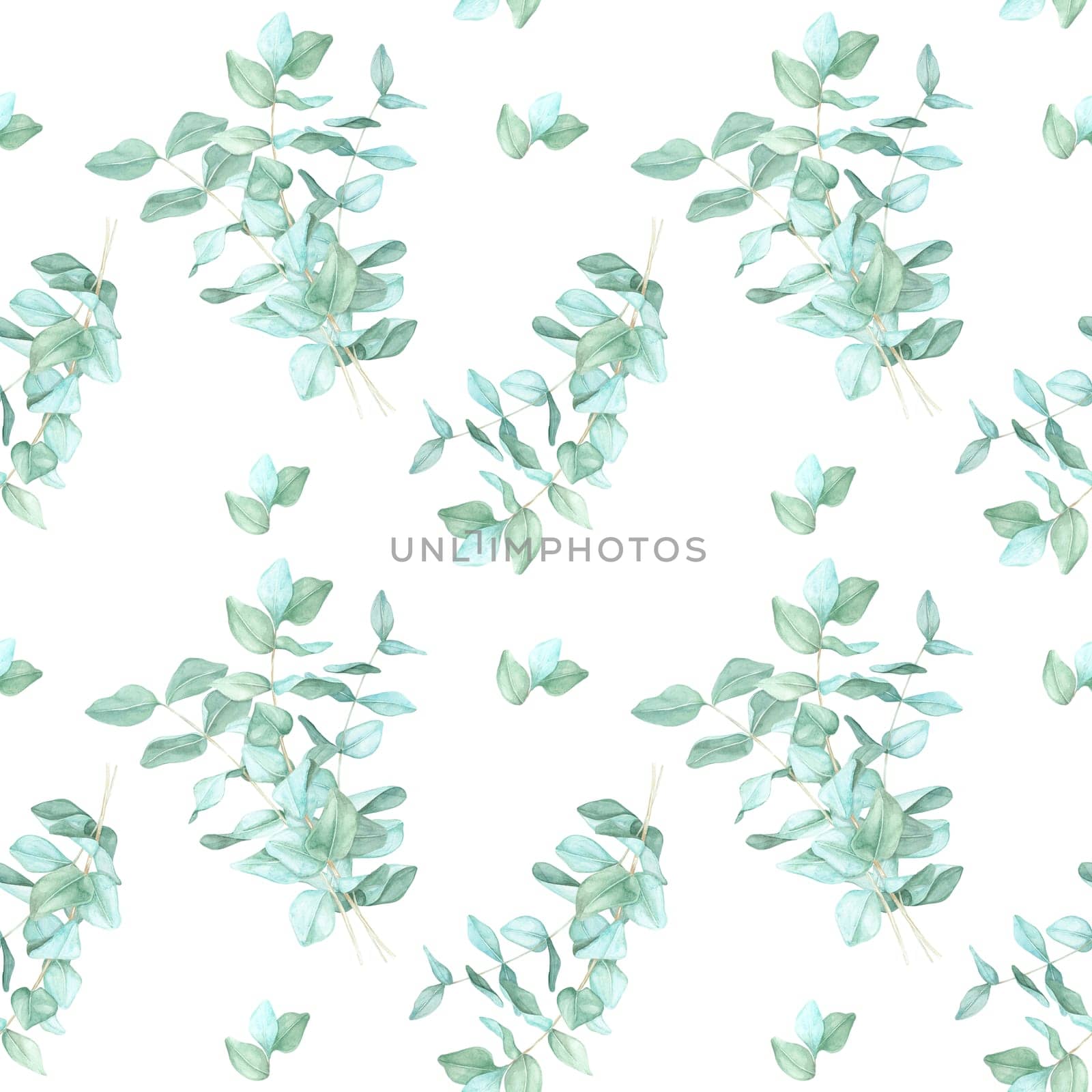 Elegant eucalyptus foliage in varying green shades arranged in a repeating pattern watercolor clipart. Ideal for interior decor elements, fabric patterns, and digital art projects