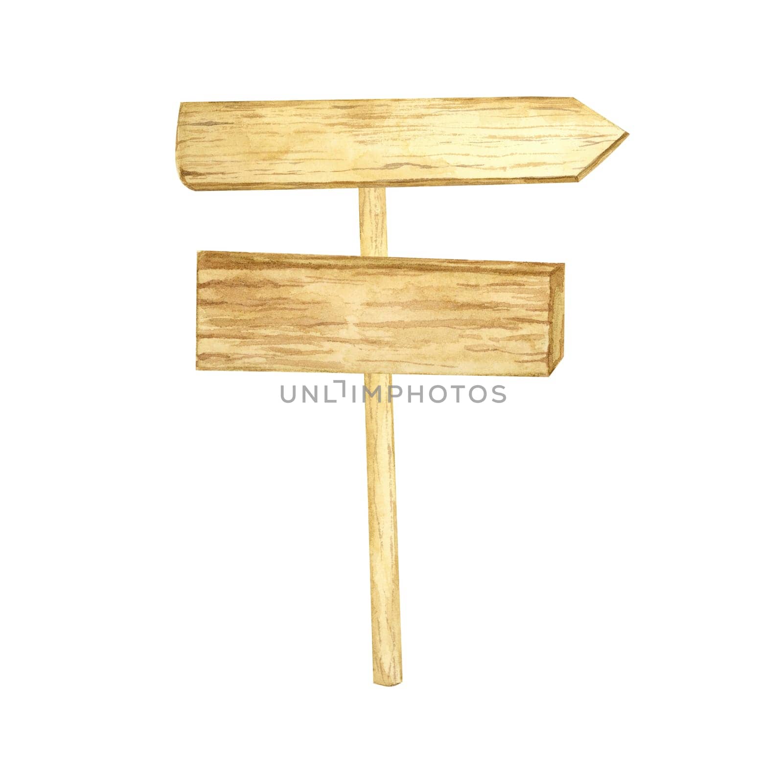 Wooden directional sign watercolor illustration in warm brown tones. Perfect for rustic-themed events, travel-themed decor, digital artwork, and countryside designs