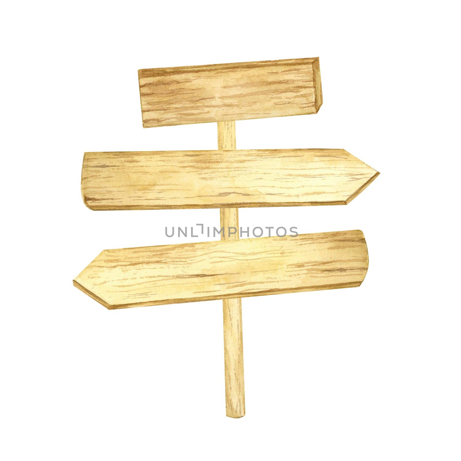Three-arrow wooden sign watercolor illustration with weathered wood details. Great for wayfinding graphics, rustic wedding decor, childrens book illustrations, and digital crafts