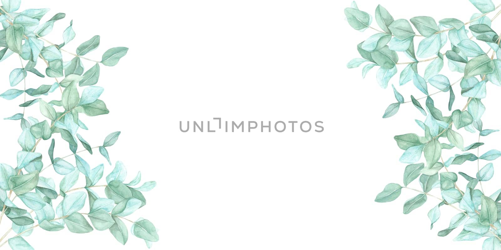 Soft green eucalyptus leaves painted in watercolor create a versatile botanical clipart frame. This banner is perfect for wedding stationery, social media, product labels, and eco-friendly branding