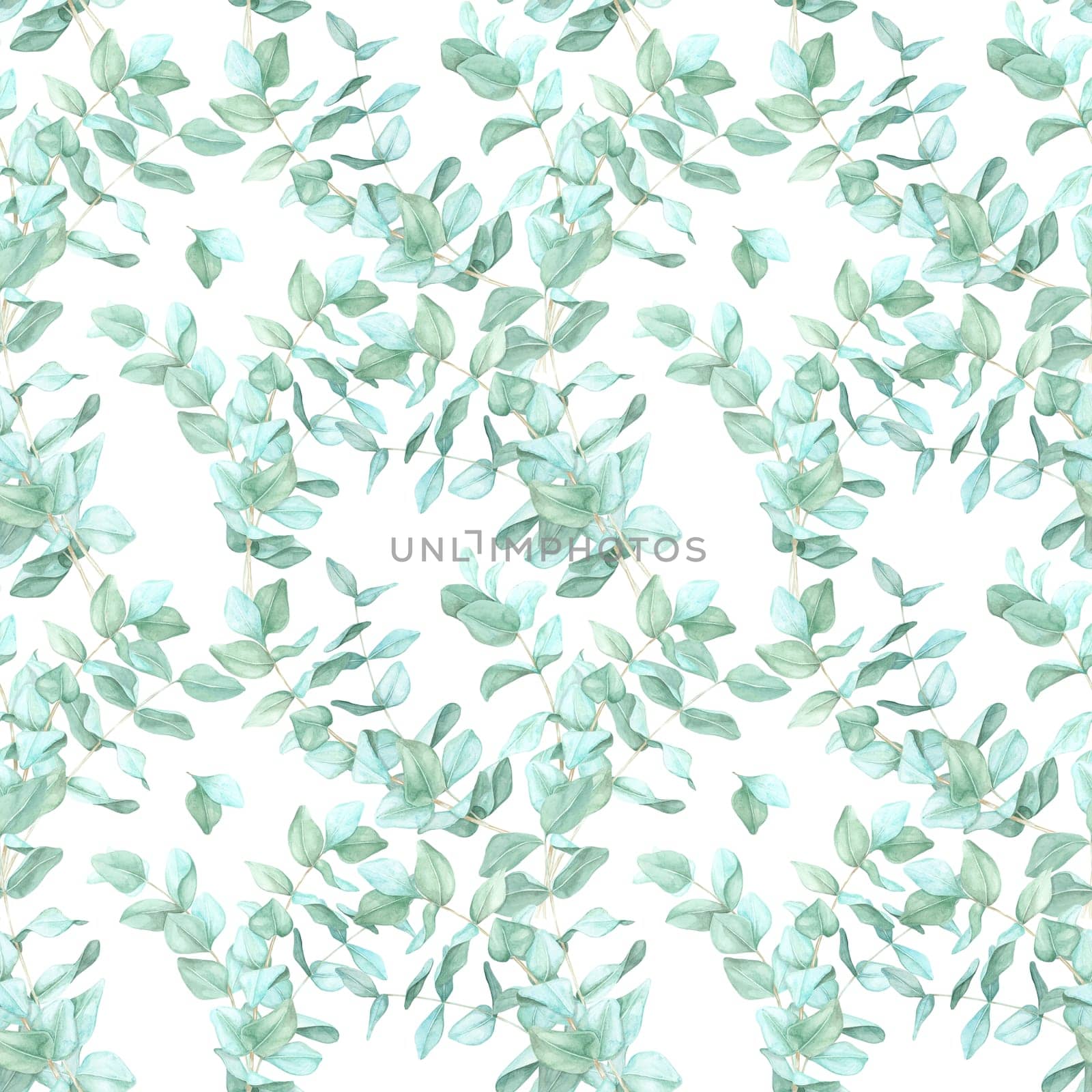 Delicate watercolor eucalyptus sprigs with soft green tones in a flowing, dense organic pattern. Seamless botanical clipart Ideal for textile design, gift wrapping, and botanical-themed event decor