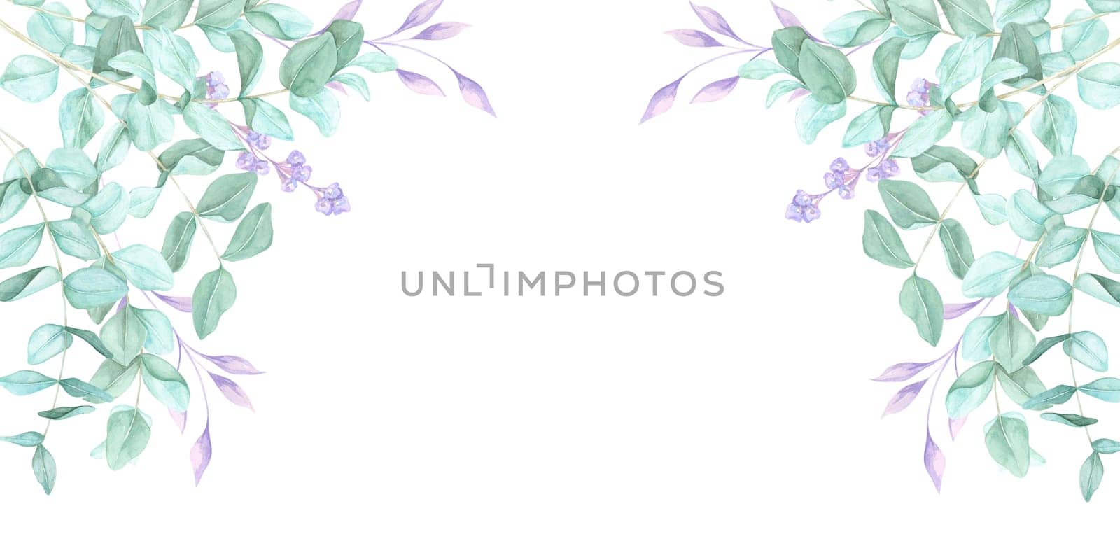 Elegant eucalyptus stems in watercolor form a botanical frame with green foliage. This clipart banner is for digital scrapbooking, branding elements, greeting cards, and elegant event invitations