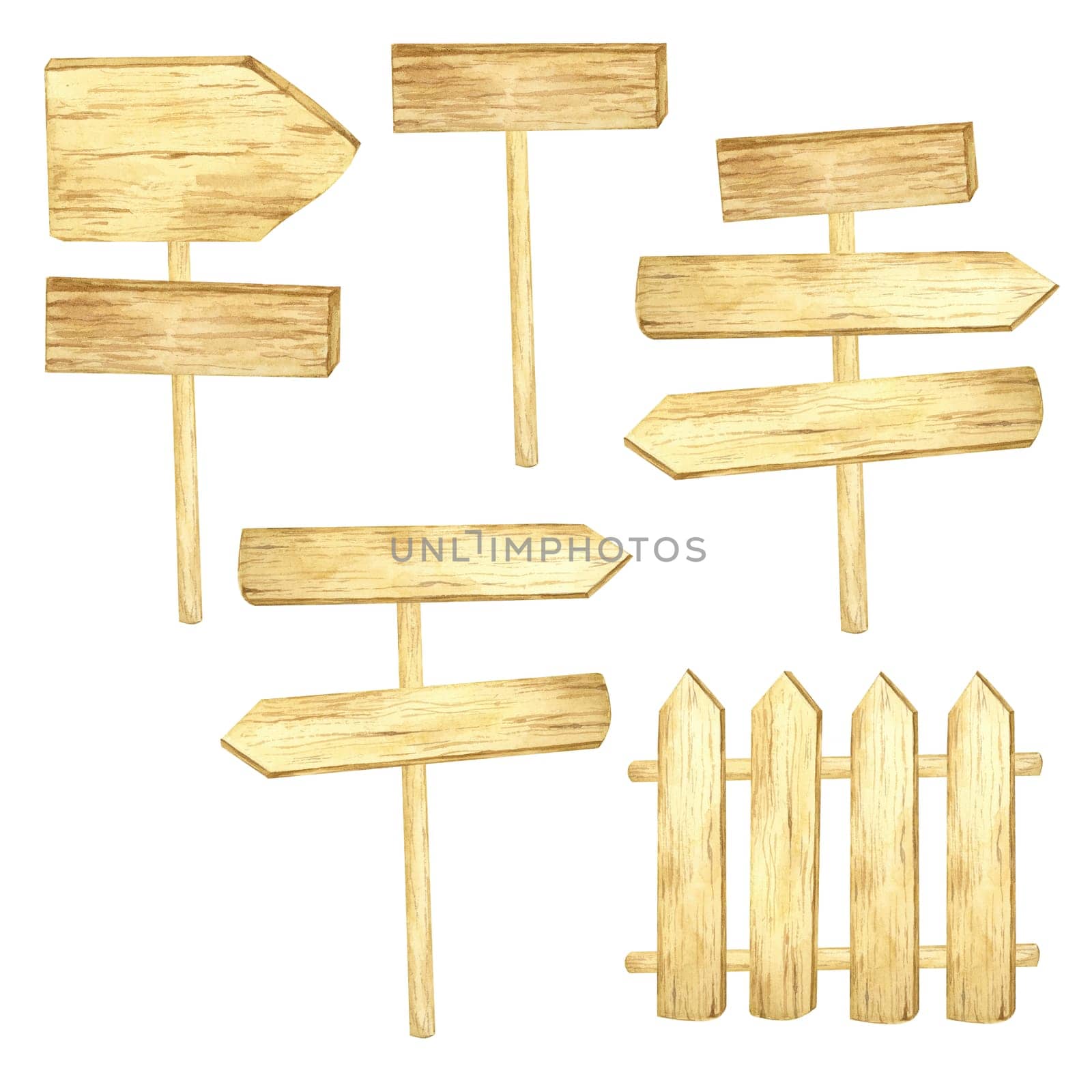 Rustic wooden signposts in warm brown watercolor tones with distinct arrow shapes. Perfect for outdoor-themed event decor, wedding signage, adventure maps, and digital illustrations