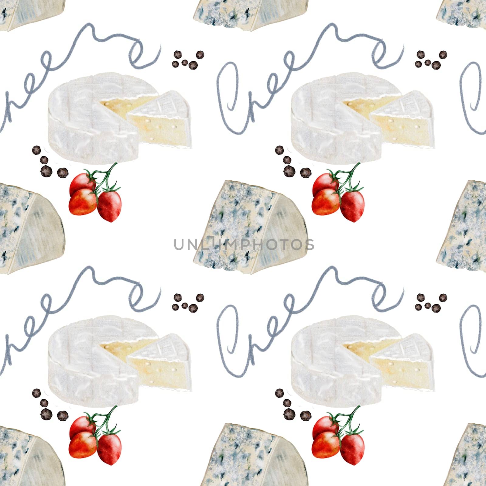 Cheese watercolor pattern. Hand drawn illustration brie, dor blue. Clip art of food on white background. Ideal for packaging of farm organic product or restaurant menu design. High quality illustration