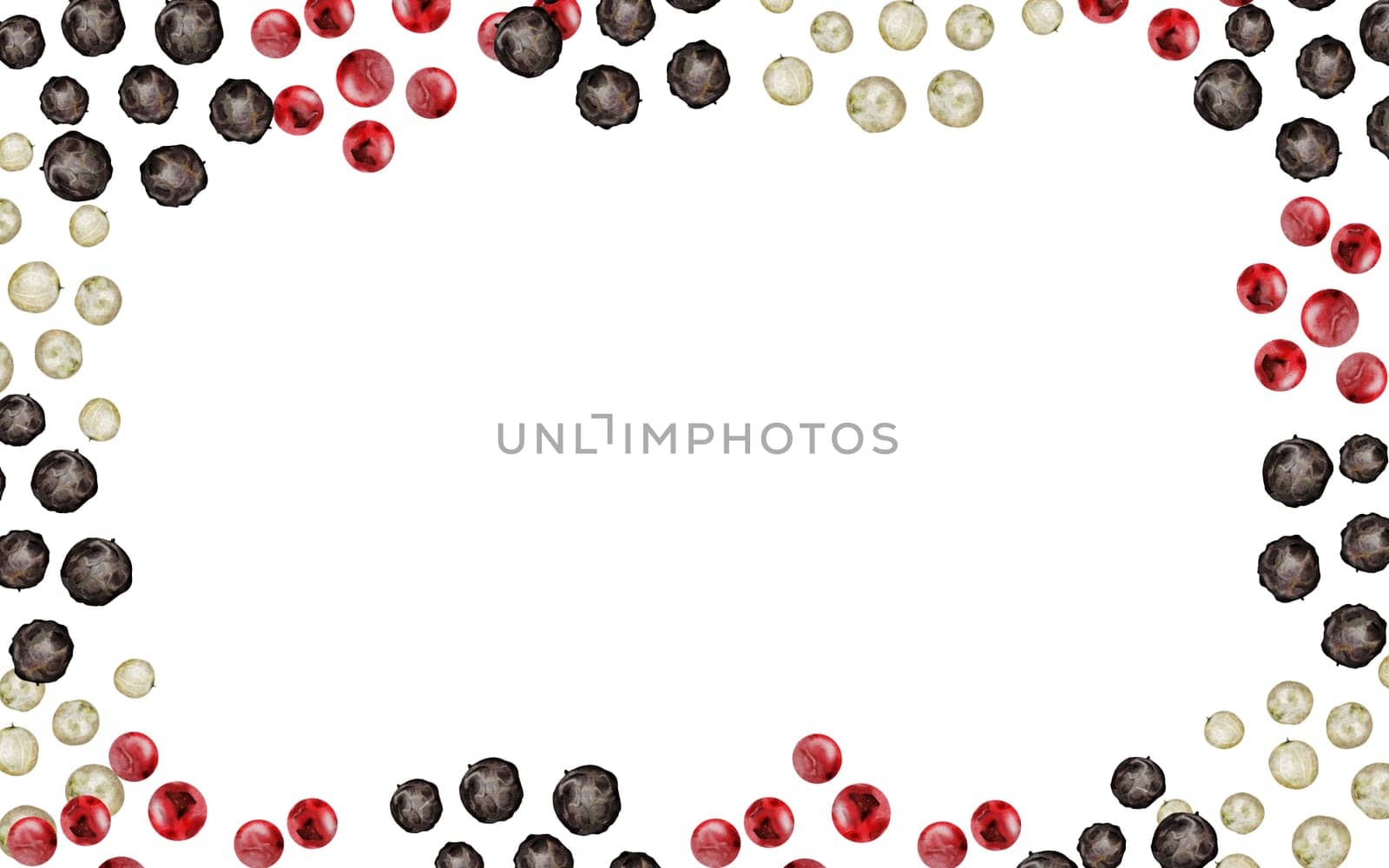 Peppercorns watercolor frame. Hand drawn dried black pepper. Clip art on a white background of hot spices. Ideal for cookbooks, menus and organic product packaging. High quality photo