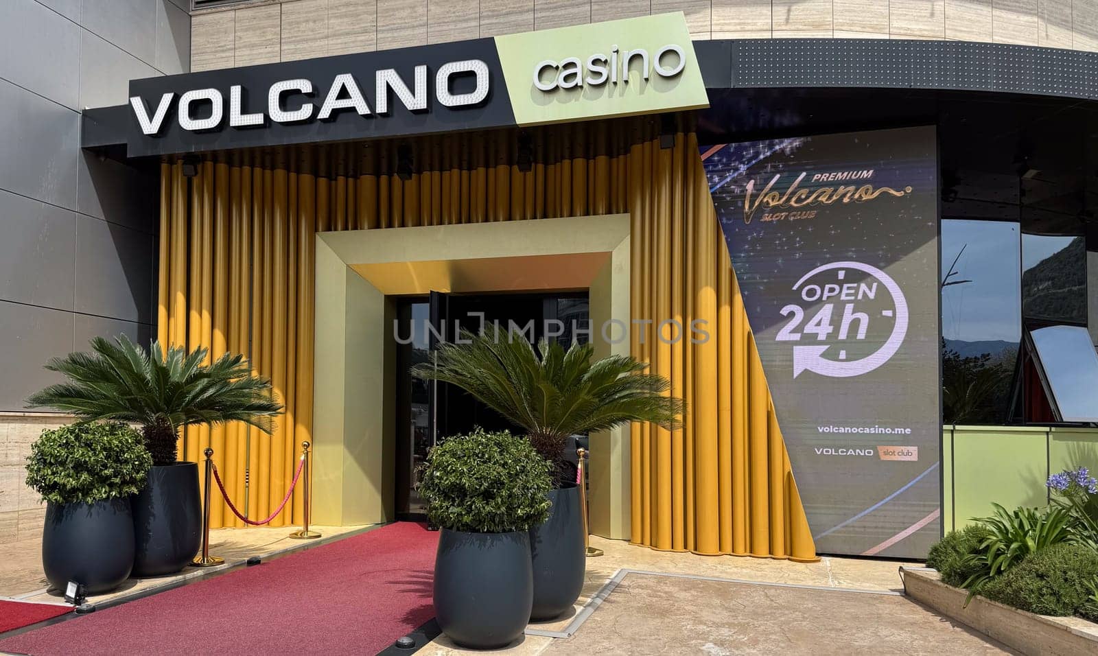 Budva, Montenegro - April 18, 2025: The entrance to the Vulkan Casino showcases its vibrant decor and welcoming atmosphere, inviting guests to enjoy entertainment around the clock