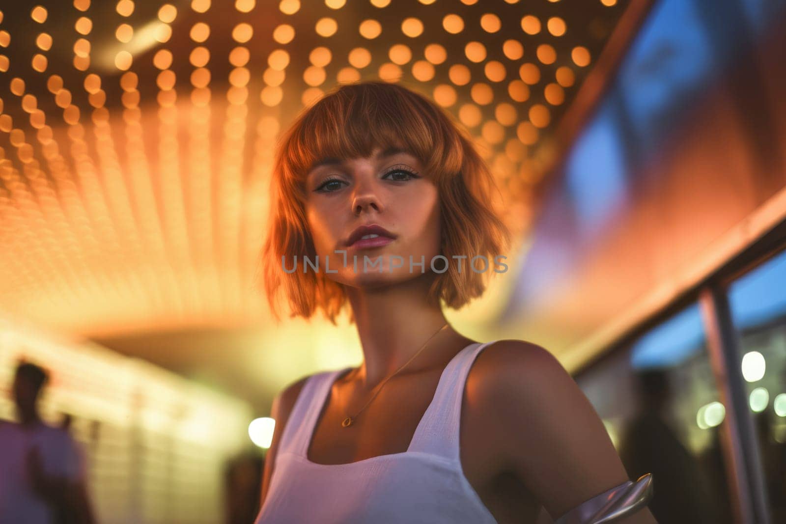 A young woman at a disco in a night club with lights in the background