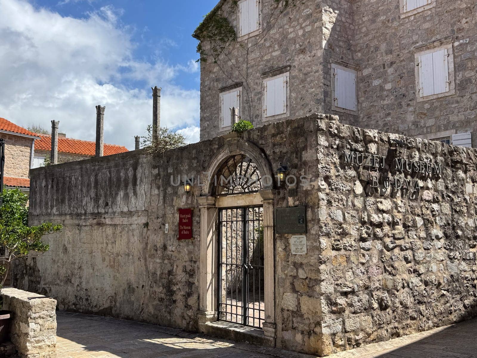 Budva, Montenegro - April 18, 2025: Historic stone building with museum in Montenegro showcasing the concept of cultural heritage