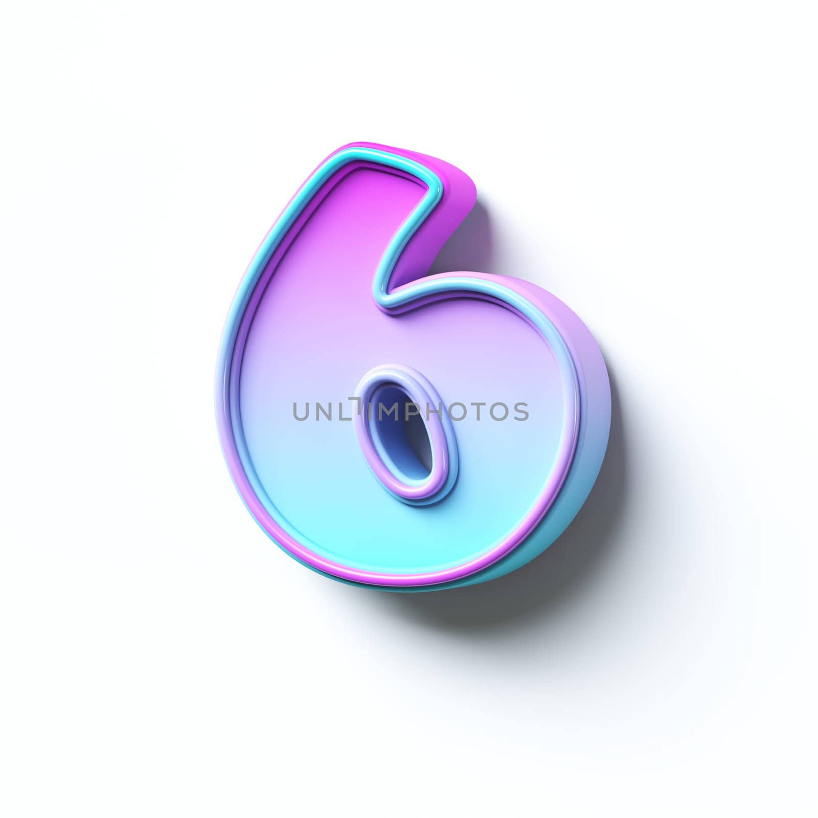 Pink blue gradient cartoon font Number 6 SIX 3D rendering illustration isolated on white background