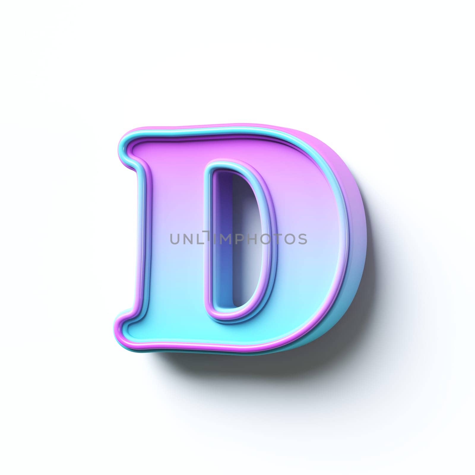 Pink blue gradient cartoon font Letter D 3D rendering illustration isolated on white background
