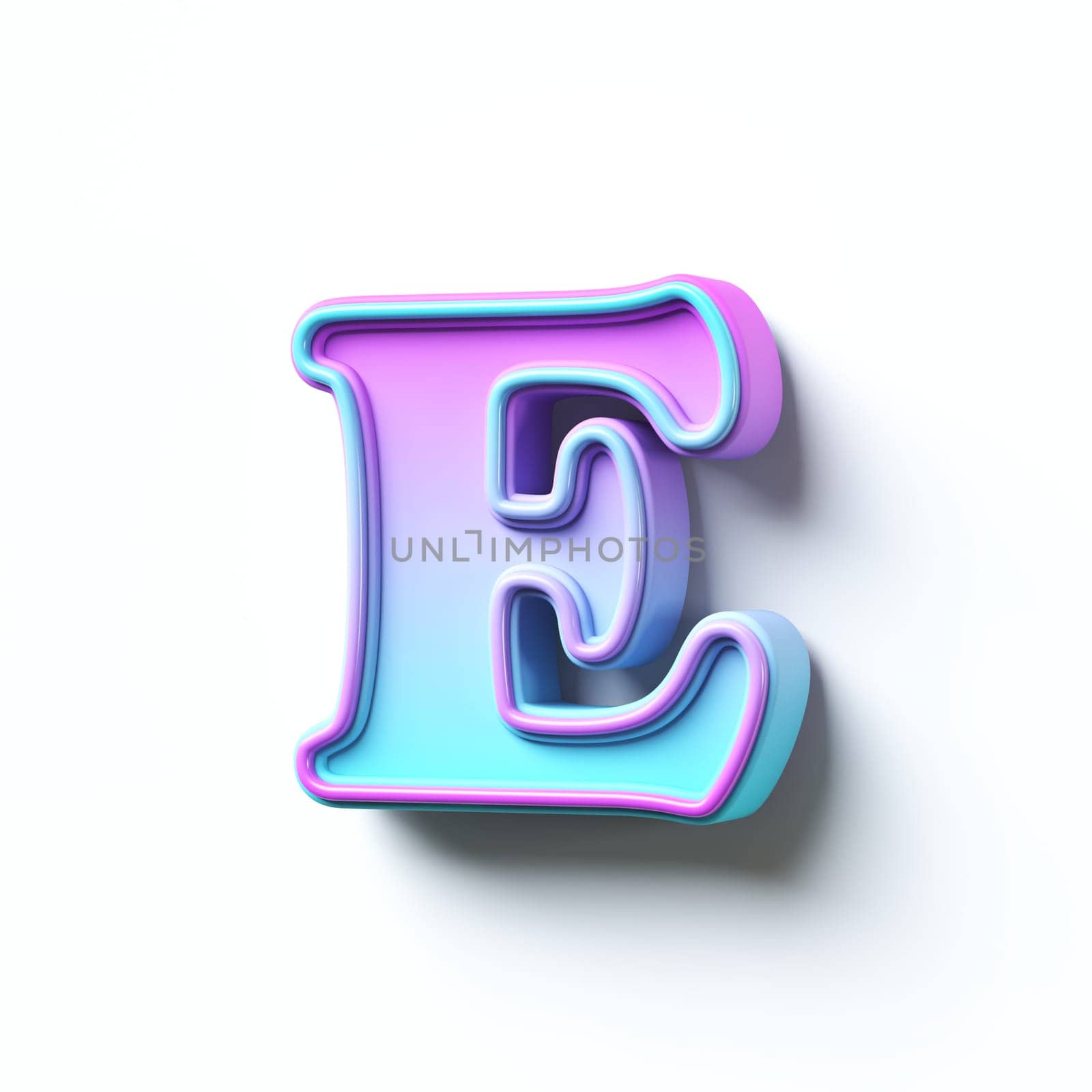 Pink blue gradient cartoon font Letter E 3D rendering illustration isolated on white background