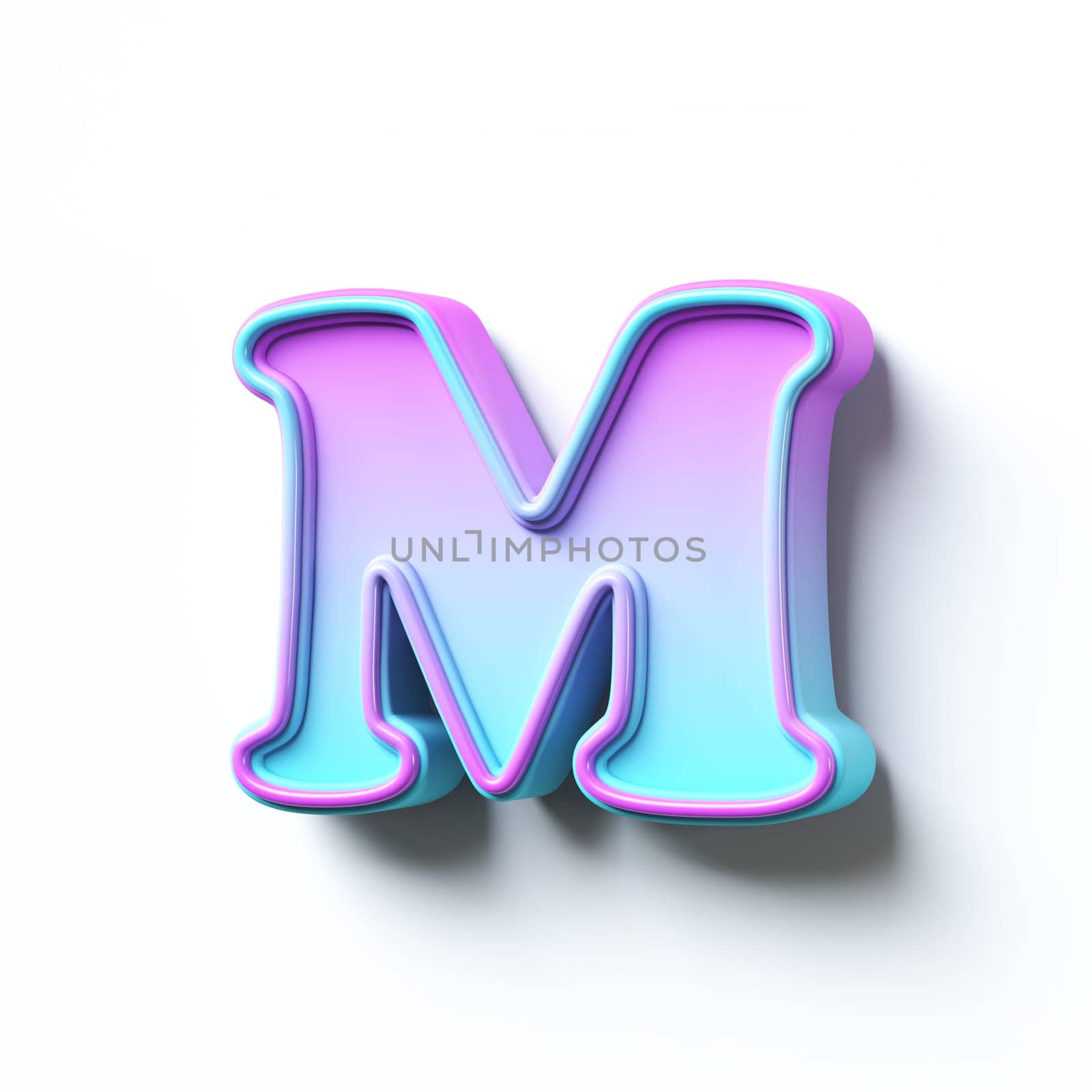 Pink blue gradient cartoon font Letter M 3D rendering illustration isolated on white background