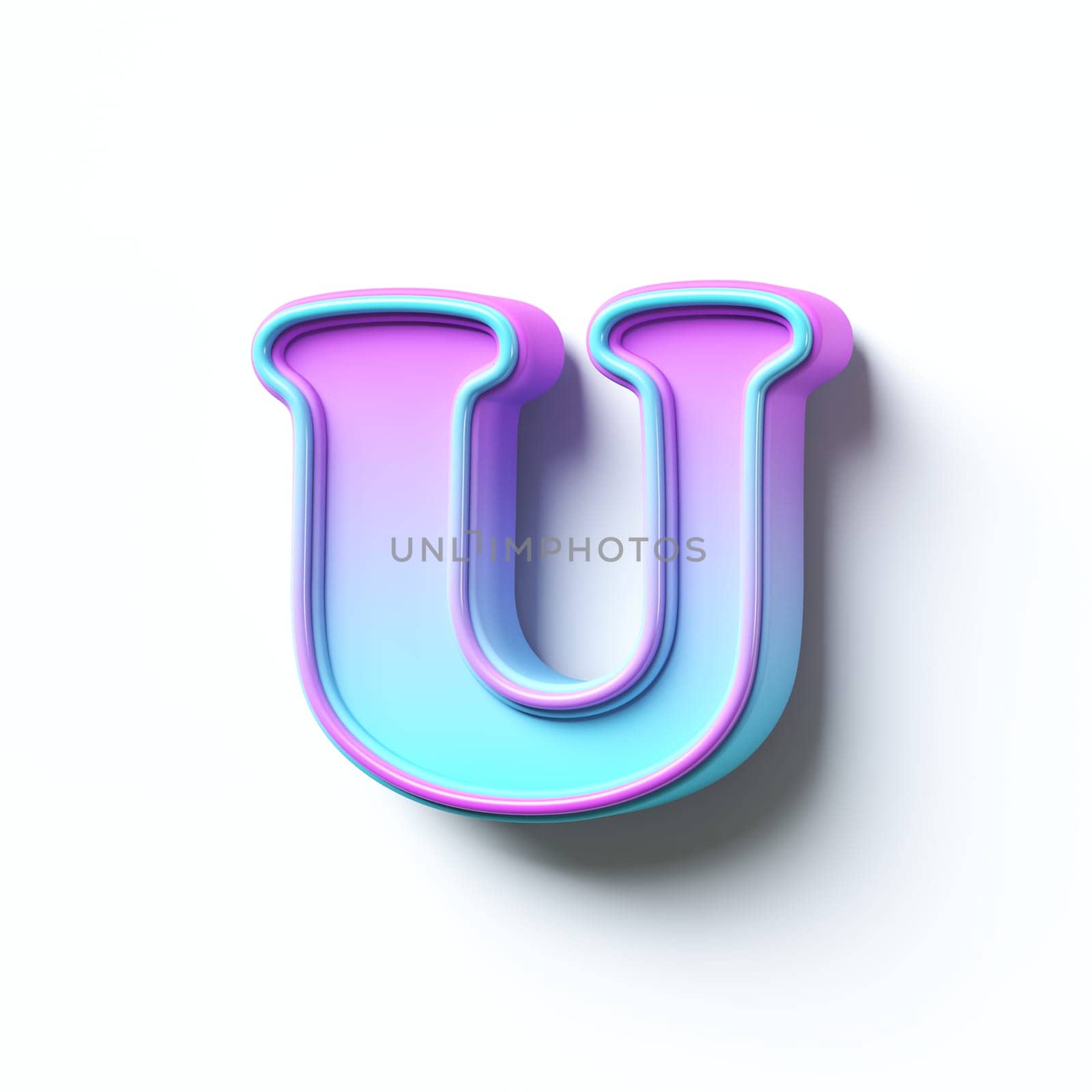 Pink blue gradient cartoon font Letter U 3D rendering illustration isolated on white background