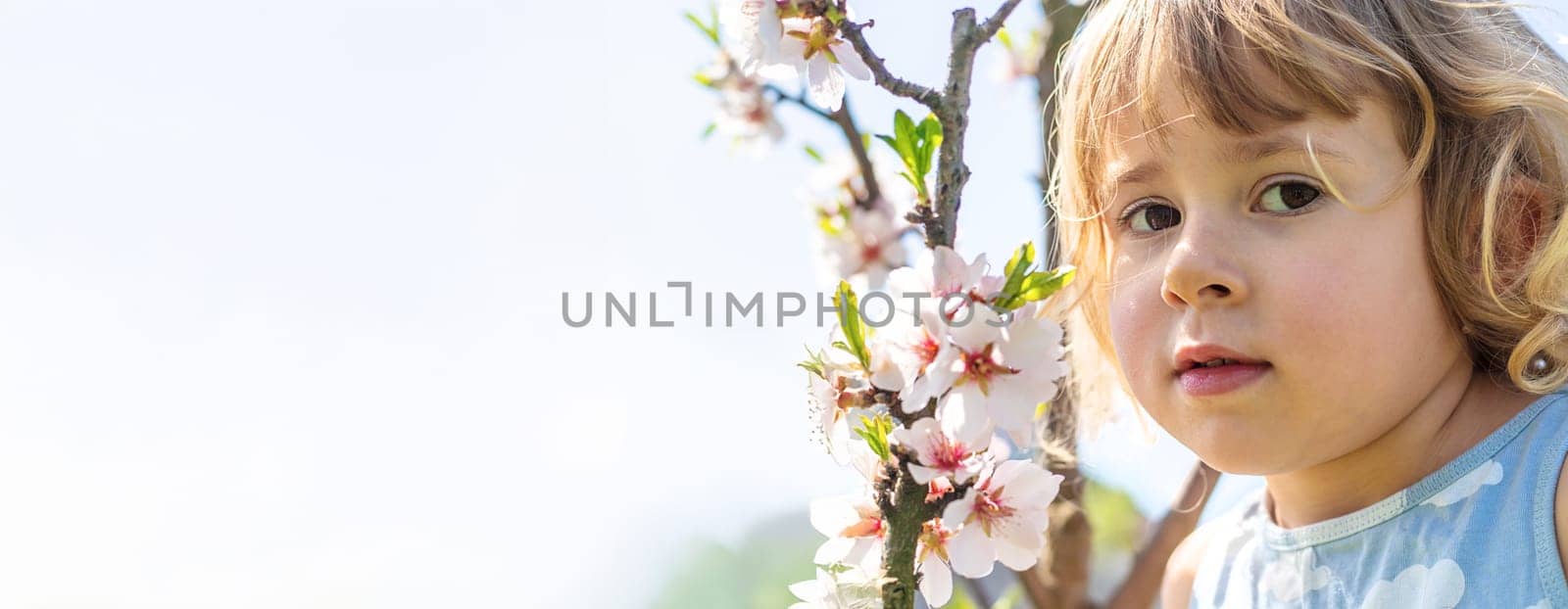 Child in a garden of flowering trees. Selective focus. kid.