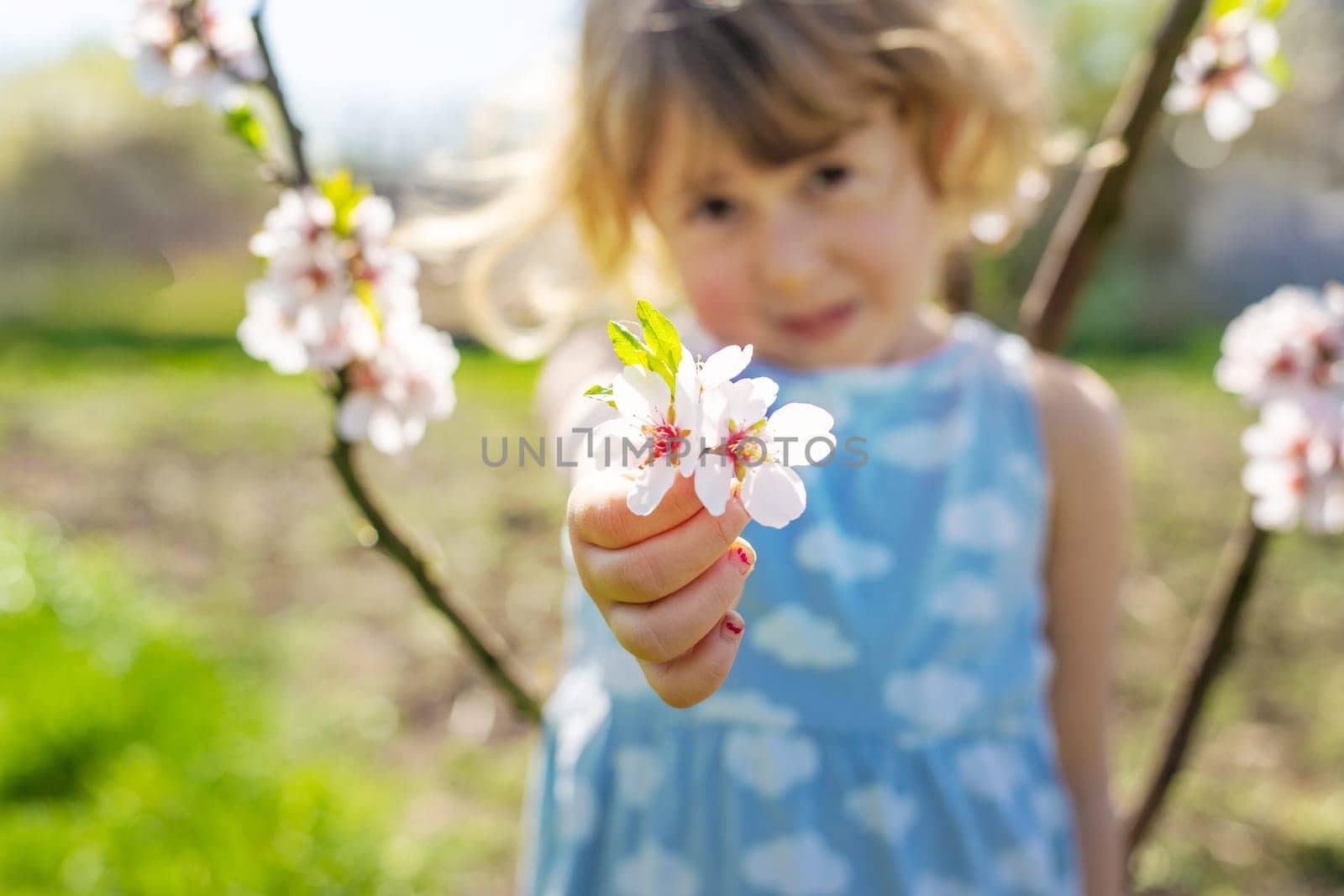 Child in a garden of flowering trees. Selective focus. kid.