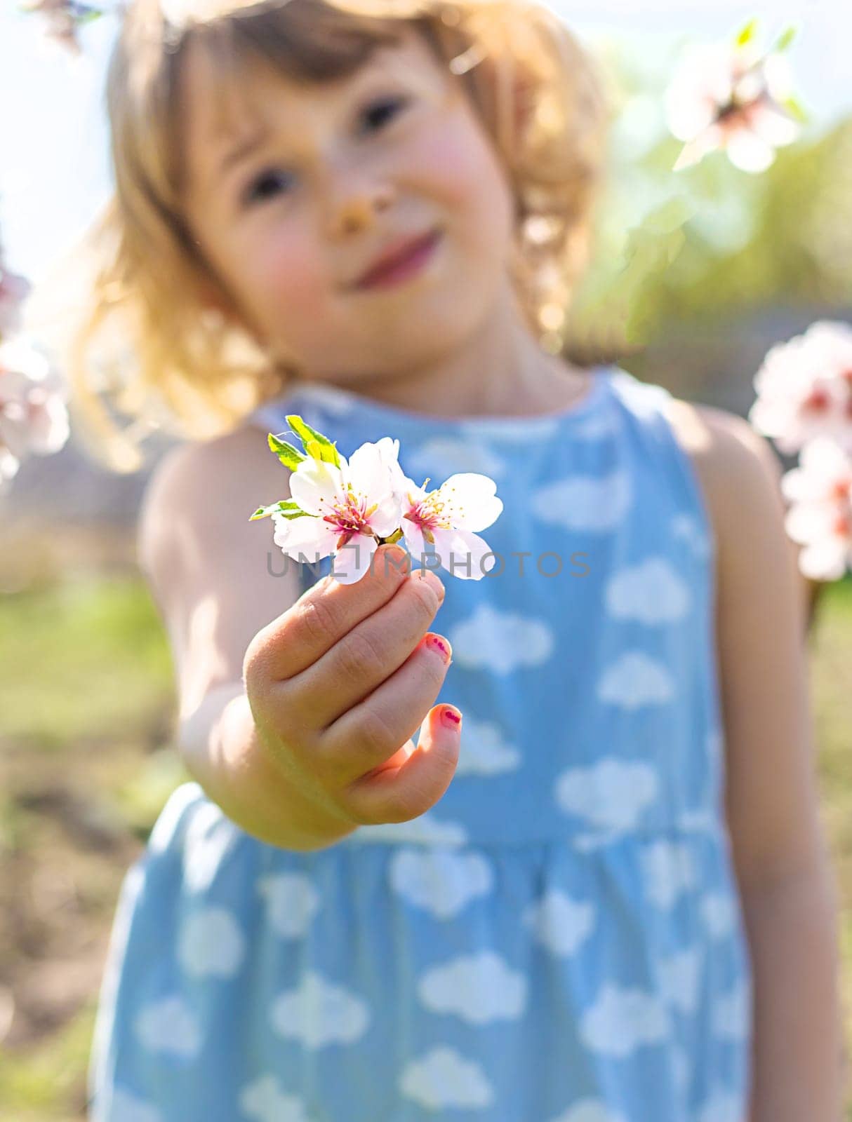 Child in a garden of flowering trees. Selective focus. kid.