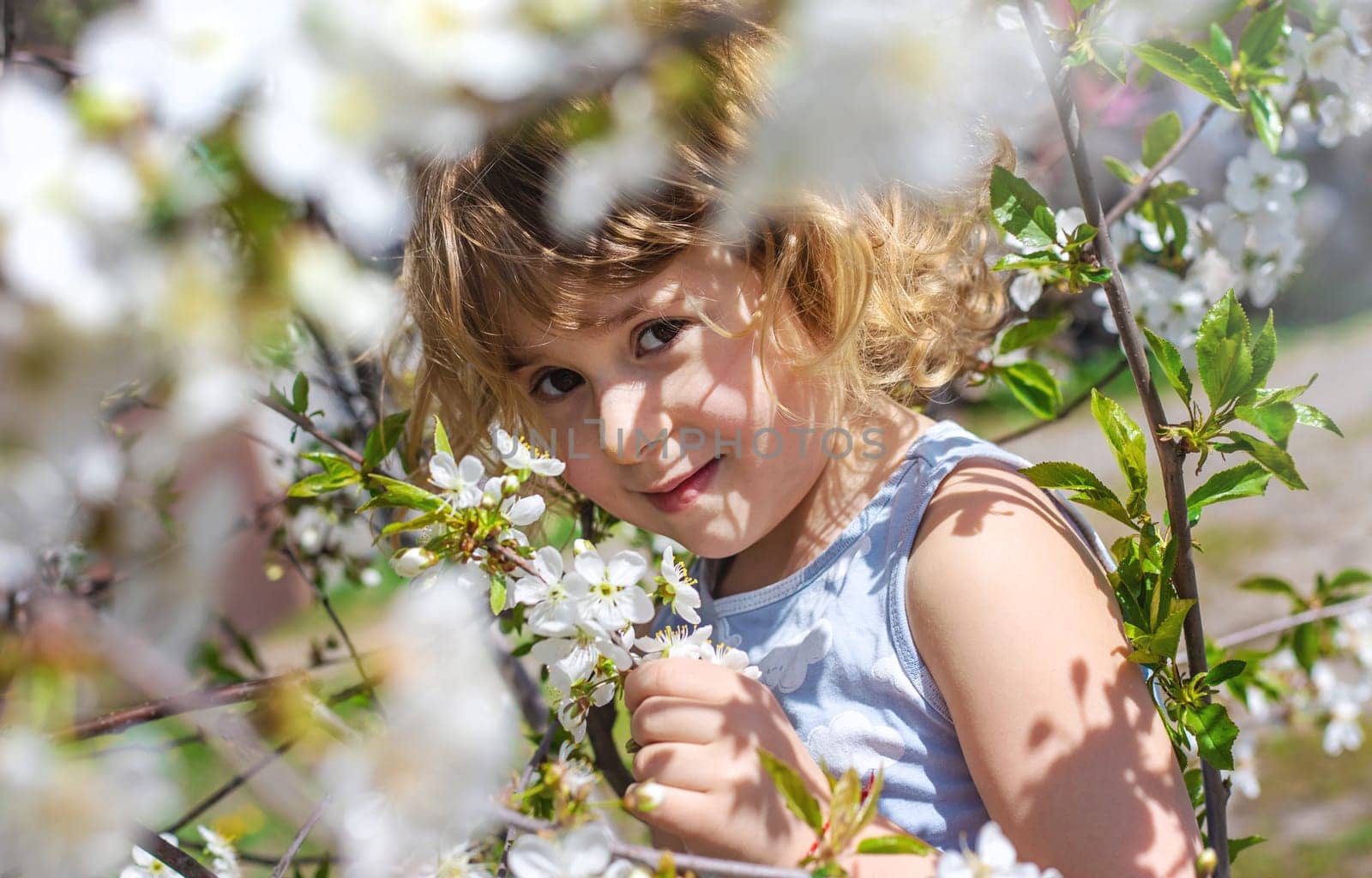 Child in a garden of flowering trees. Selective focus. kid.