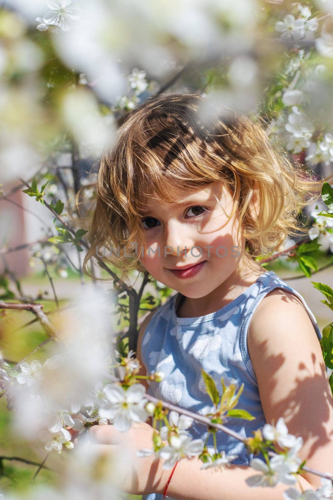 Child in a garden of flowering trees. Selective focus. kid.