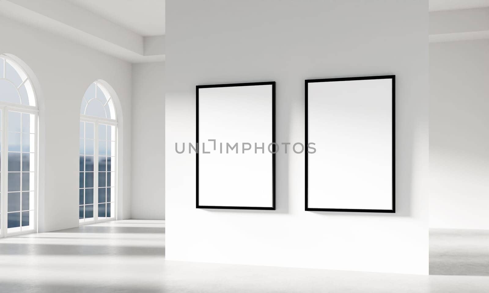A sophisticated room featuring arched windows and two framed empty spaces, perfect for displaying art or photography.