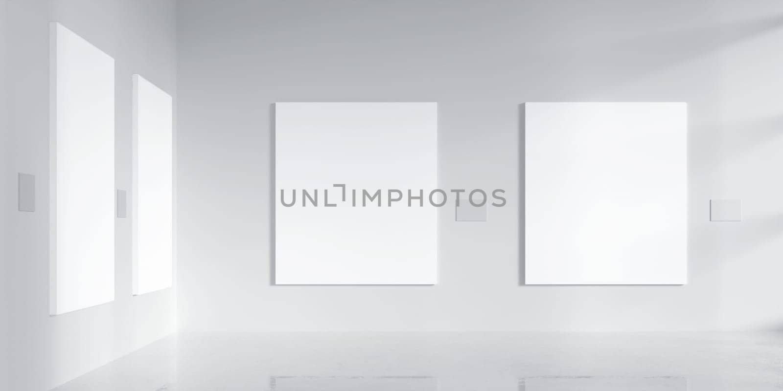 A spacious art gallery featuring minimal frames, focusing on a bright, clean aesthetic for art displays.