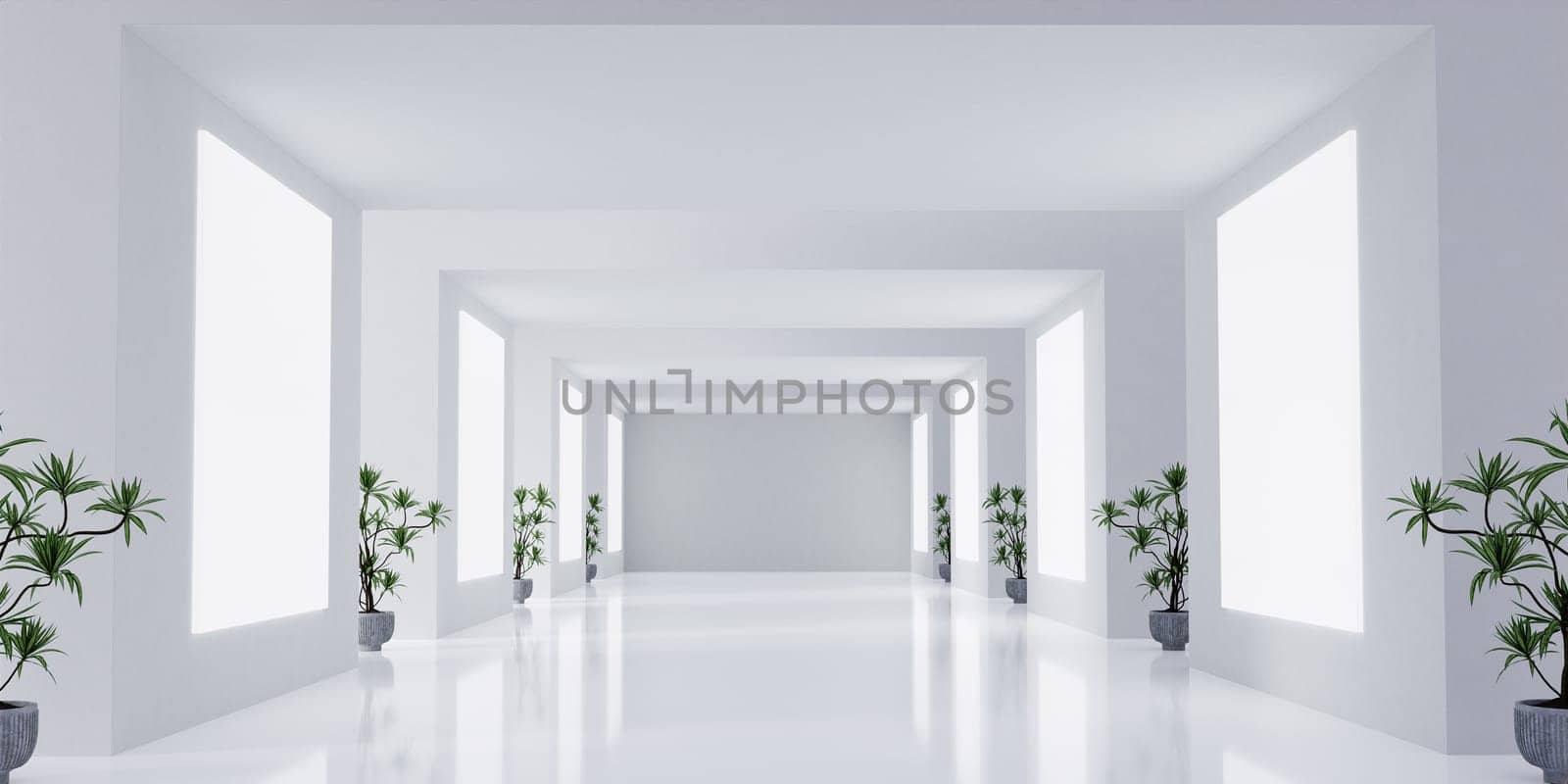 An elegant hallway adorned with greenery and blank spaces, ideal for exhibiting art in a soothing environment.