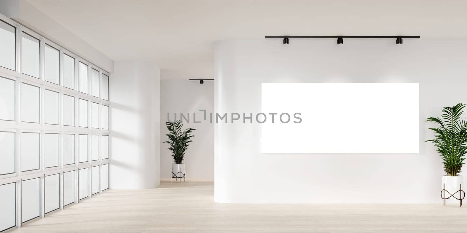 A sleek gallery setting showcasing a large blank canvas, perfect for contemporary art displays, evoking a modern aesthetic.