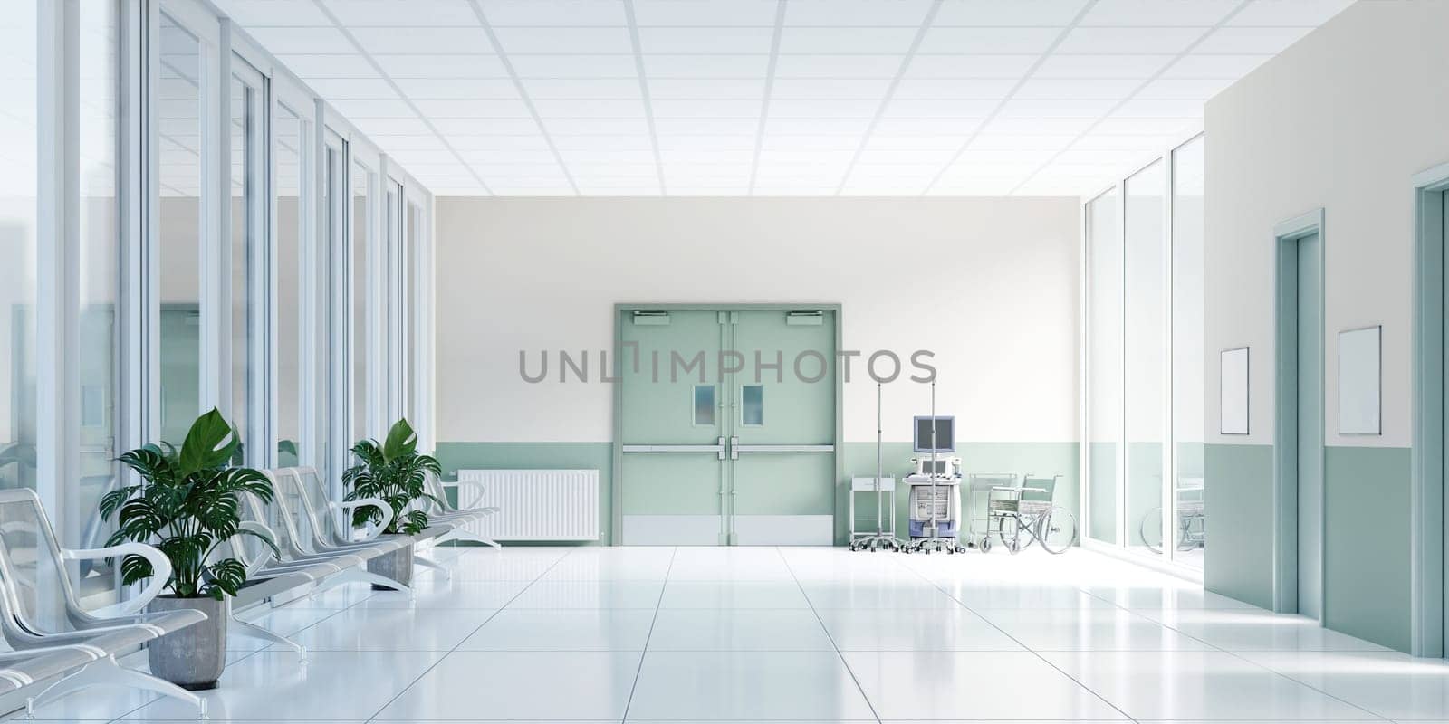 A peaceful hospital hallway designed for comfort with ample sunlight, ideal for enhancing patient experience in healthcare design.