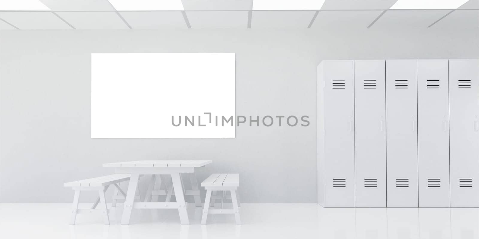 A minimalist healthcare space featuring a table, seating, and lockers, perfect for clean and functional design concepts.
