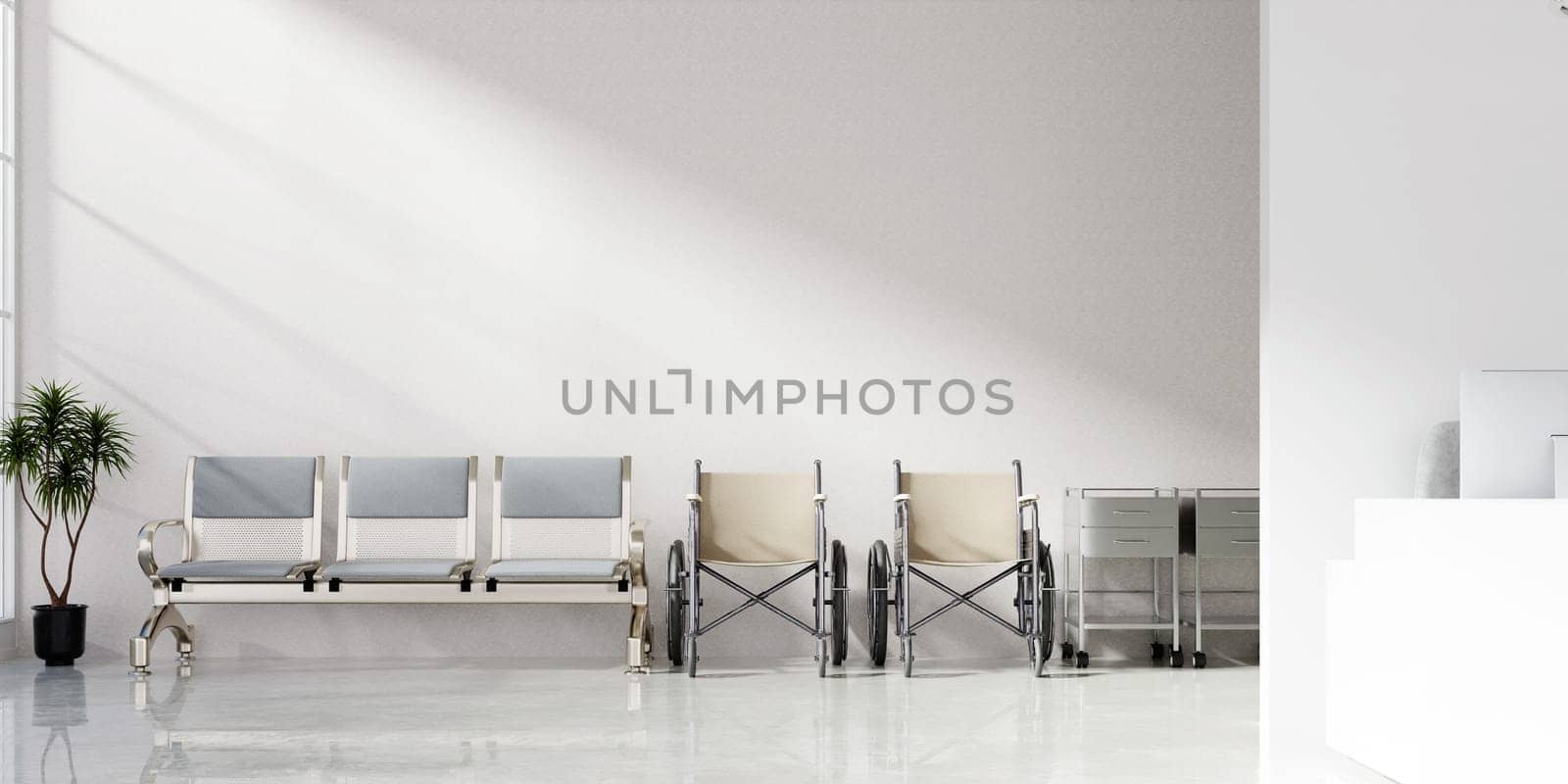 A stylish waiting area featuring seating and bright lines, ideal for modern healthcare settings, offering a tranquil atmosphere.
