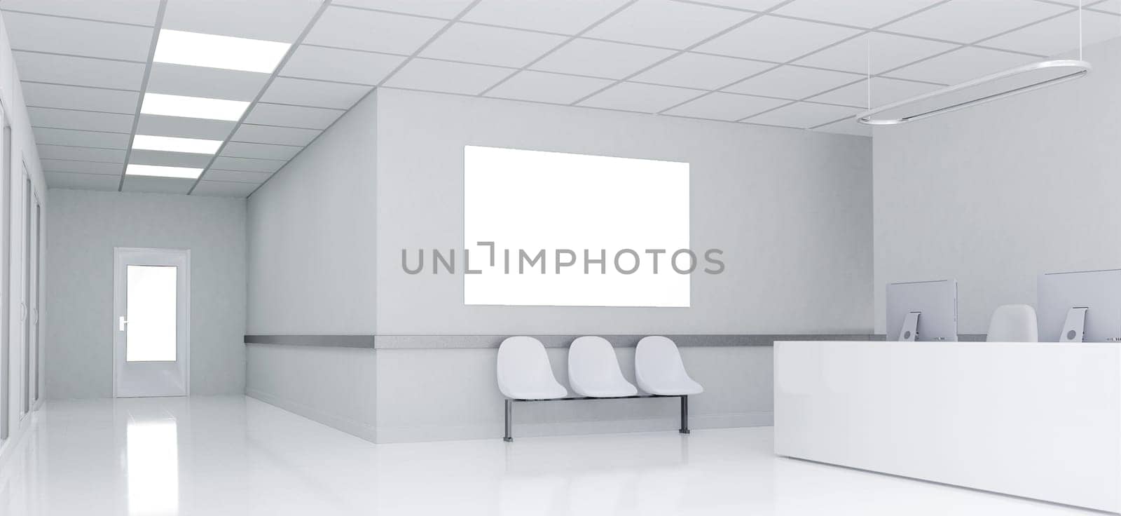 This image showcases a bright and spacious hospital entrance with a sleek reception desk, ideal for healthcare-related designs.