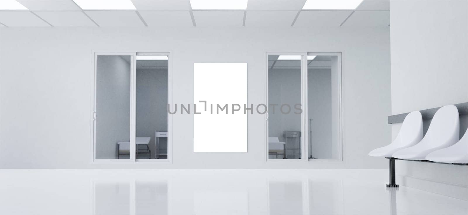 A contemporary medical waiting area with smooth surfaces and a blank wall for displays or signage, suitable for design purposes.