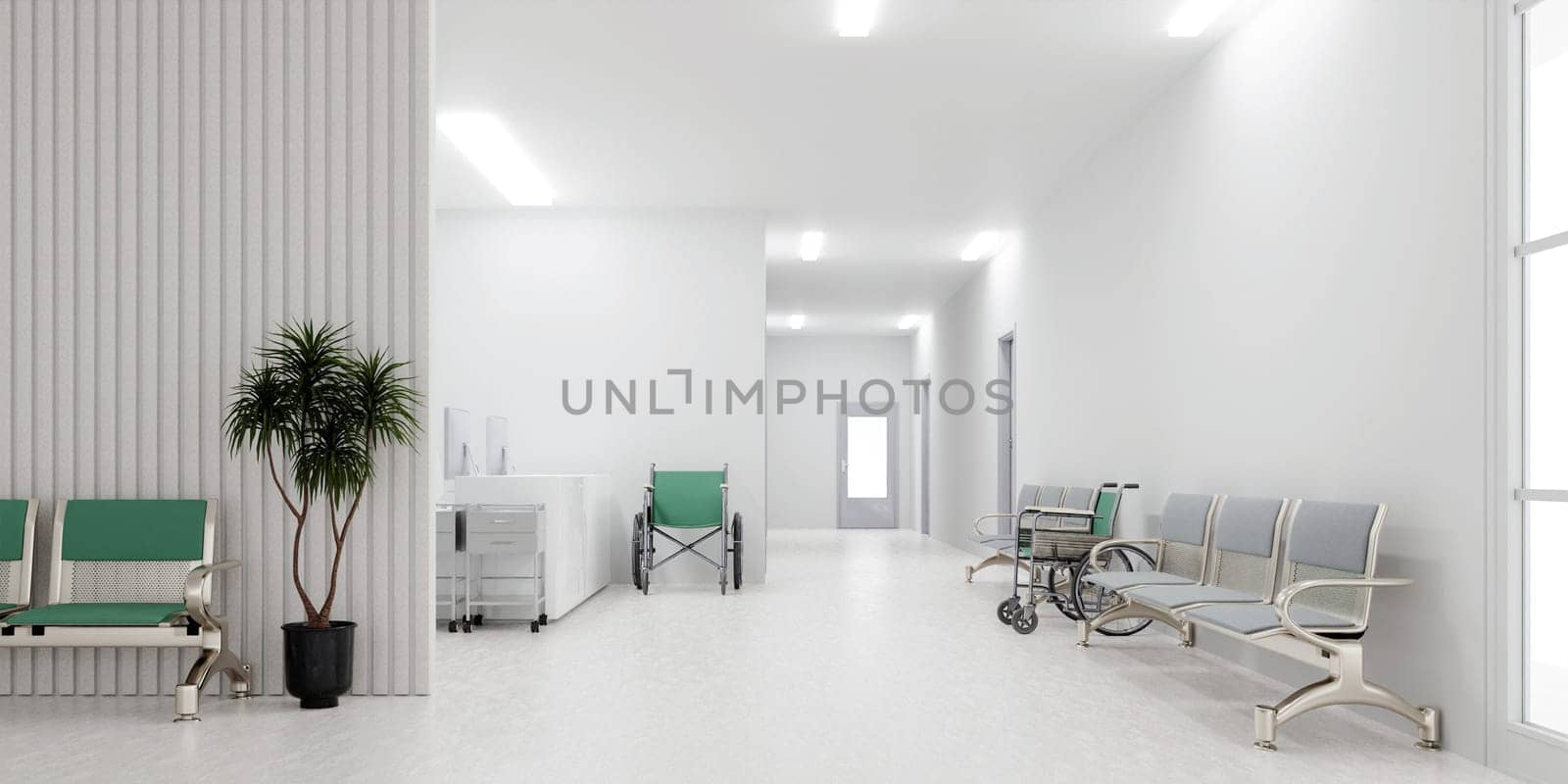 A visually appealing hospital waiting area with green accents and modern furnishings, perfect for medical facility projects.