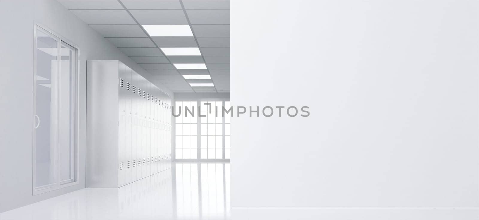 A pristine healthcare hallway featuring white lockers and bright lighting, perfect for creating clean and modern healthcare-related designs.