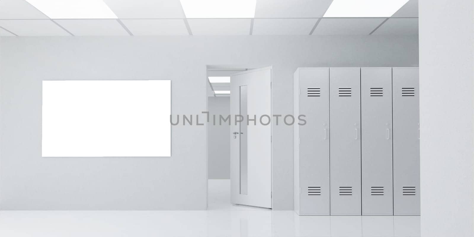 A modern healthcare room showcasing lockers and a large blank wall, suitable for innovative medical designs or branding.