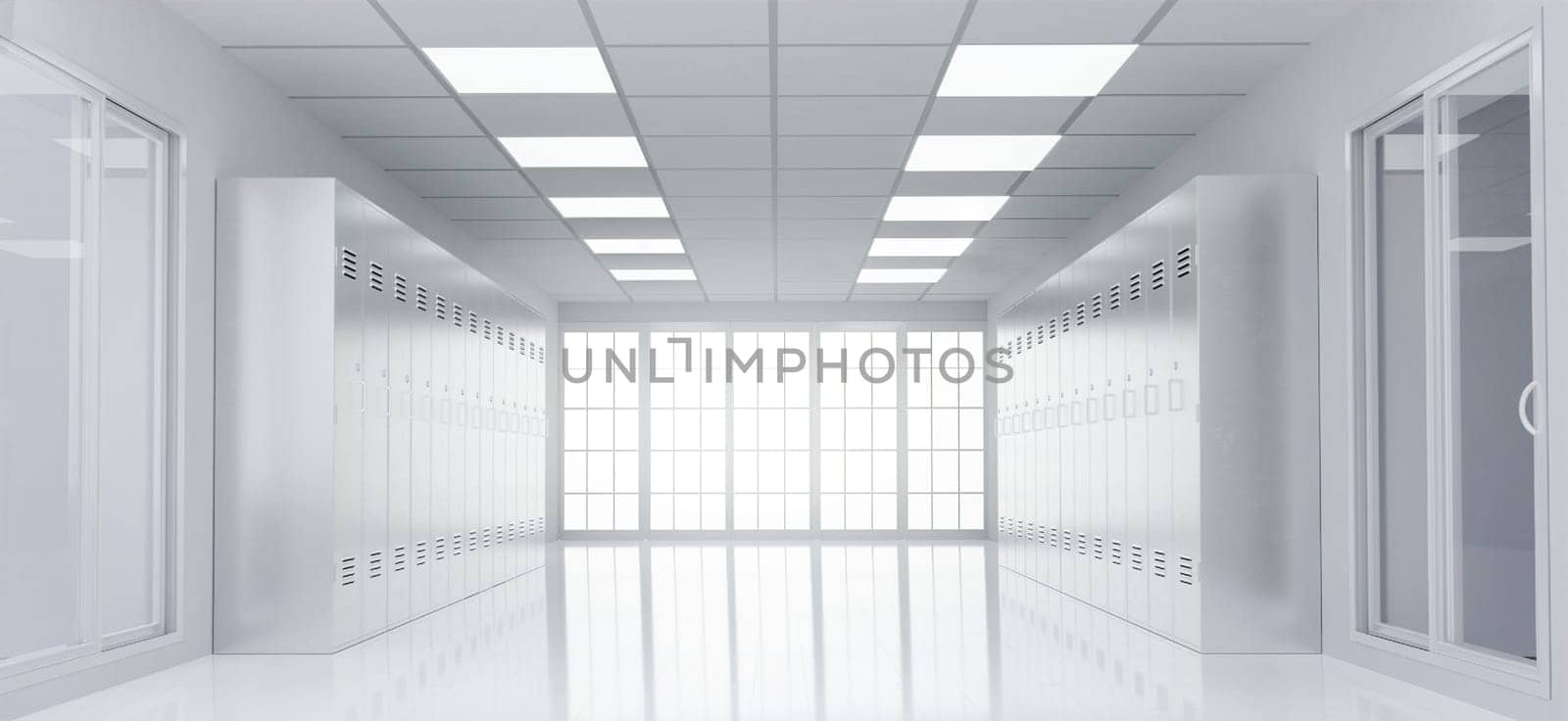 This illustration features a sleek school hallway equipped with lockers and bright overhead lighting, ideal for educational design projects.