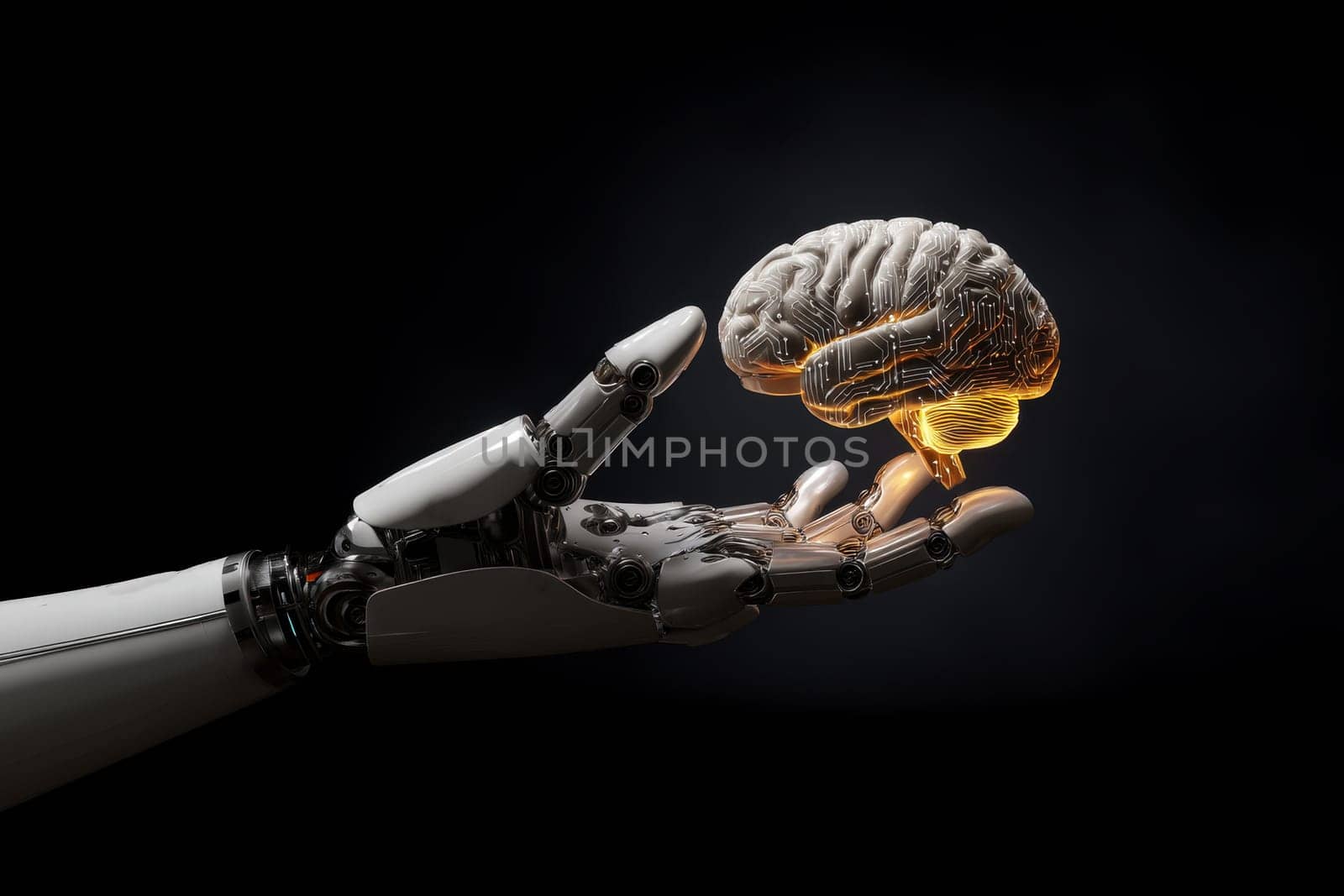 AI Robot Hand Holding a Glowing Digital Brain..