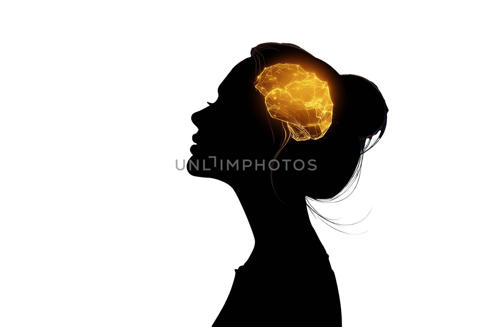 Silhouette of woman with glowing neural network representing artificial intelligence and creativity..